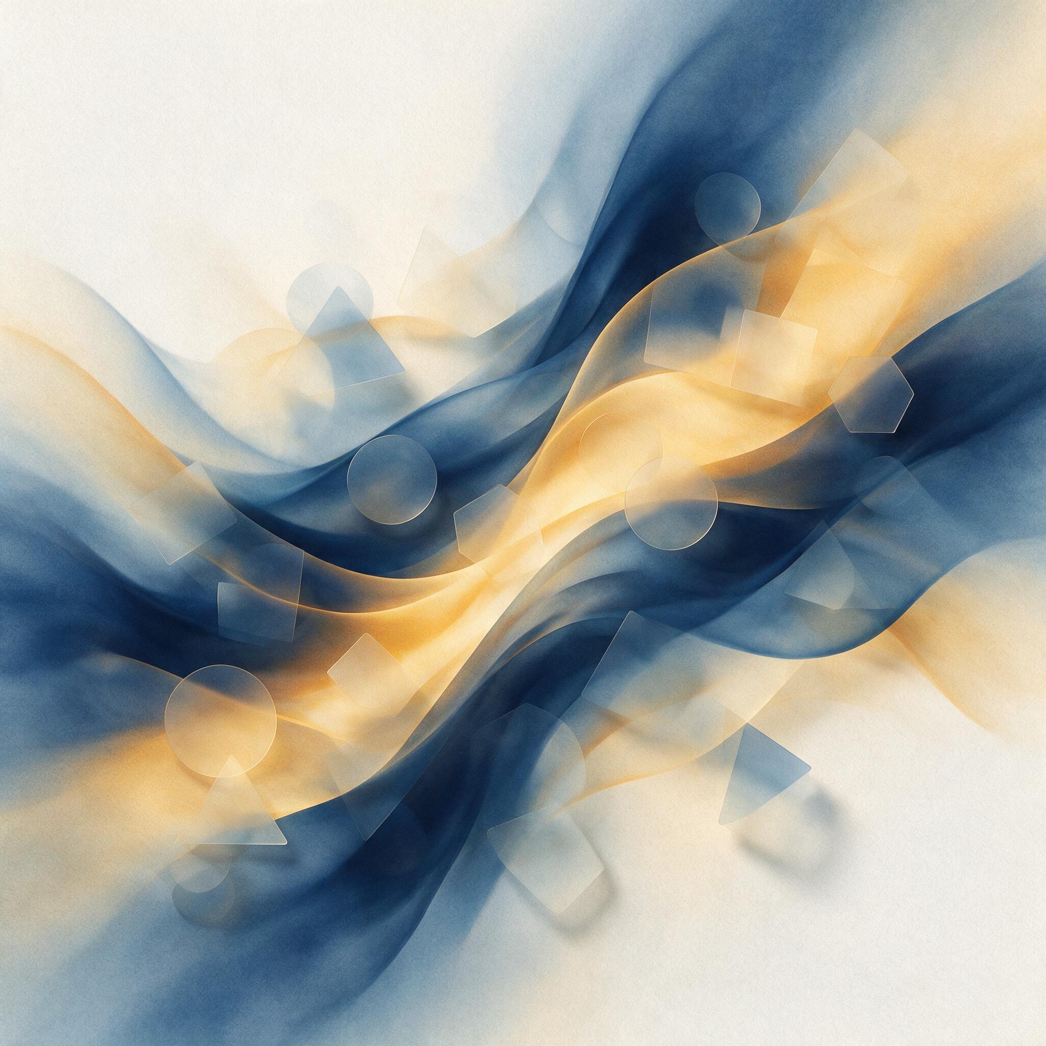 Swirling fluid gradients of deep indigo and warm amber, overlapping translucent geometric shapes, soft diffused light from above, subtle paper texture, minimalist composition with negative space