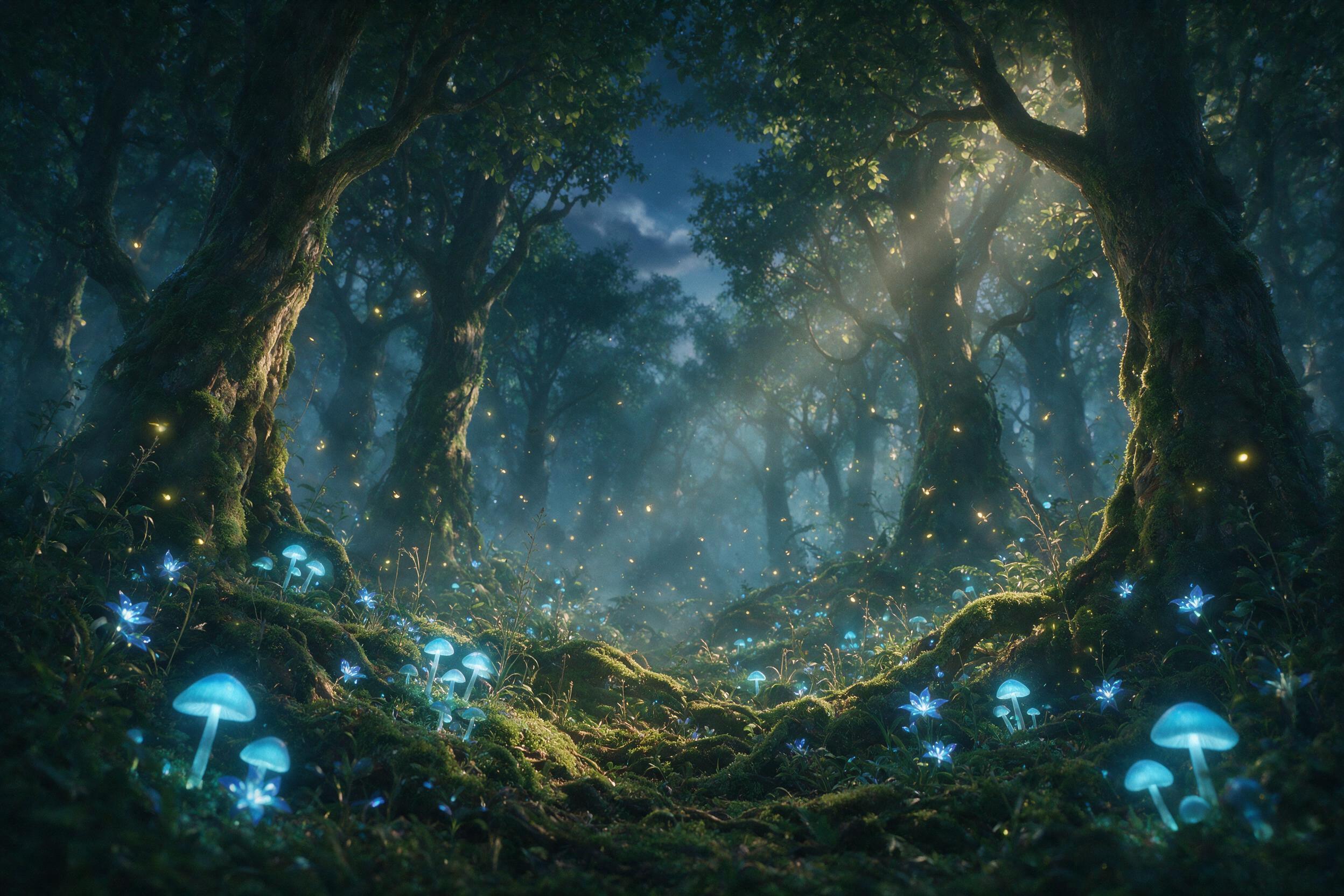 An ethereal forest at twilight, bioluminescent mushrooms and glowing blue flowers scattered among mossy roots, a gentle mist swirling between ancient trees, soft golden light filtering through the canopy, fireflies dancing in the air, shallow depth of field, dreamlike atmosphere, slight grain, natur