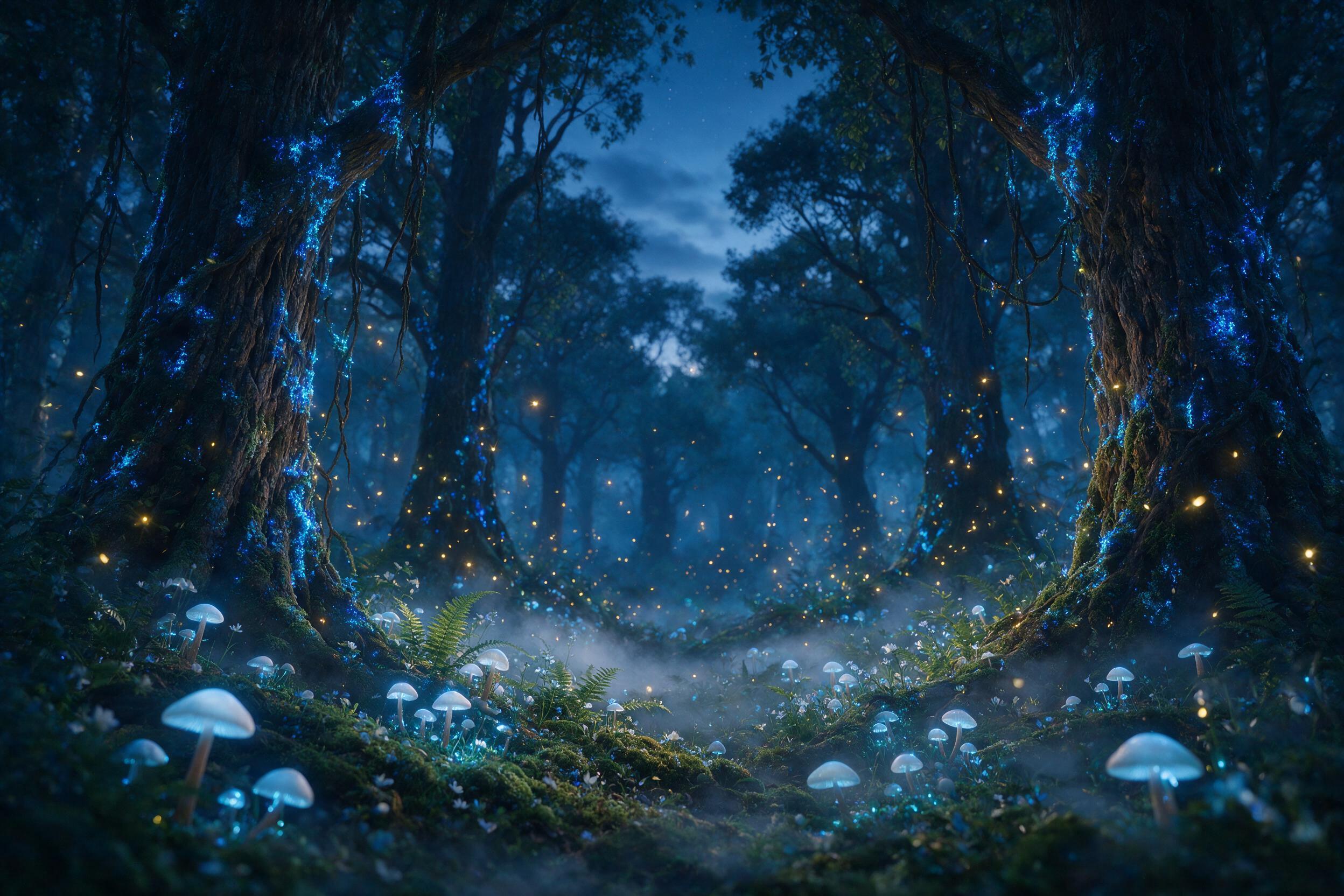 An enchanted forest at twilight, towering ancient trees with glowing blue moss, soft bioluminescent mushrooms scattered on the ground, a gentle mist weaving through the roots, warm golden fireflies dancing in the air, shallow depth of field, cinematic lighting, subtle lens flare, quiet mood