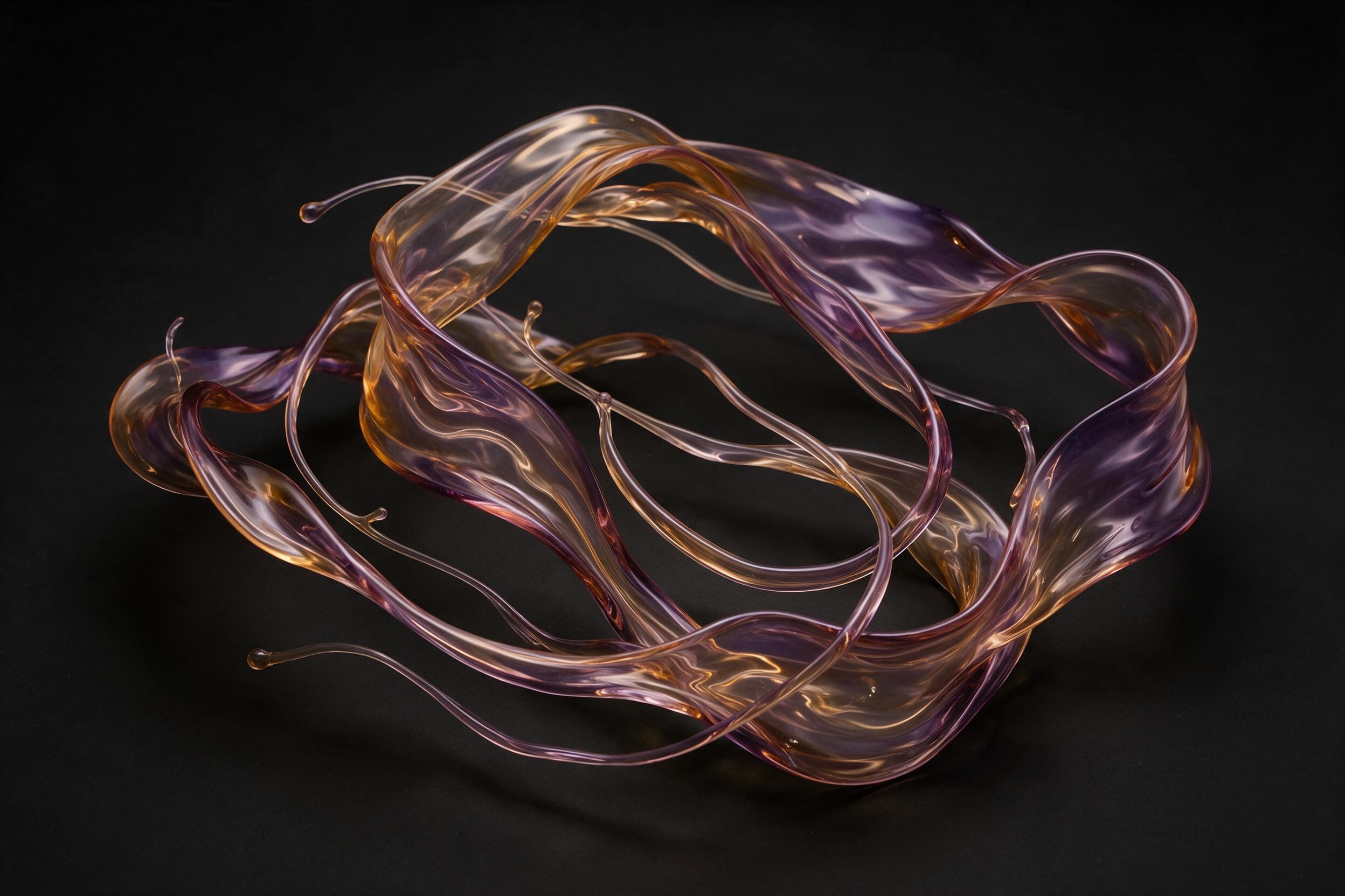 Molten glass ribbons swirl in chromatic gradients of amber and violet, frozen mid-flow with light refraction creating internal caustics, minimal composition on matte black void, soft studio lighting grazing the textures