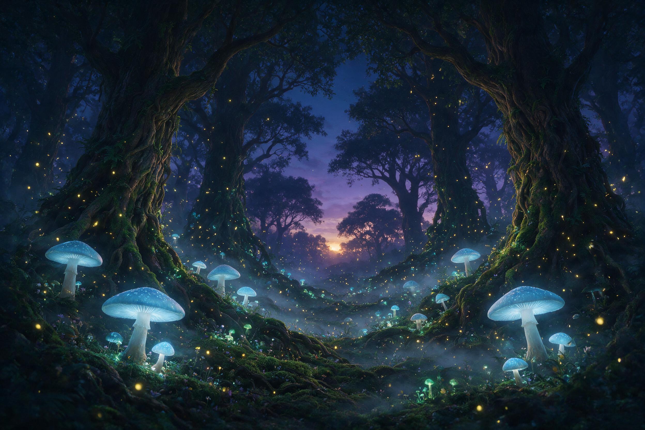 A luminous forest at twilight, giant glowing mushrooms casting soft blue light, fireflies dancing in the air, ancient trees with twisted roots, mist hugging the ground, magical atmosphere, dreamy colors, deep shadows, fantasy artwork.