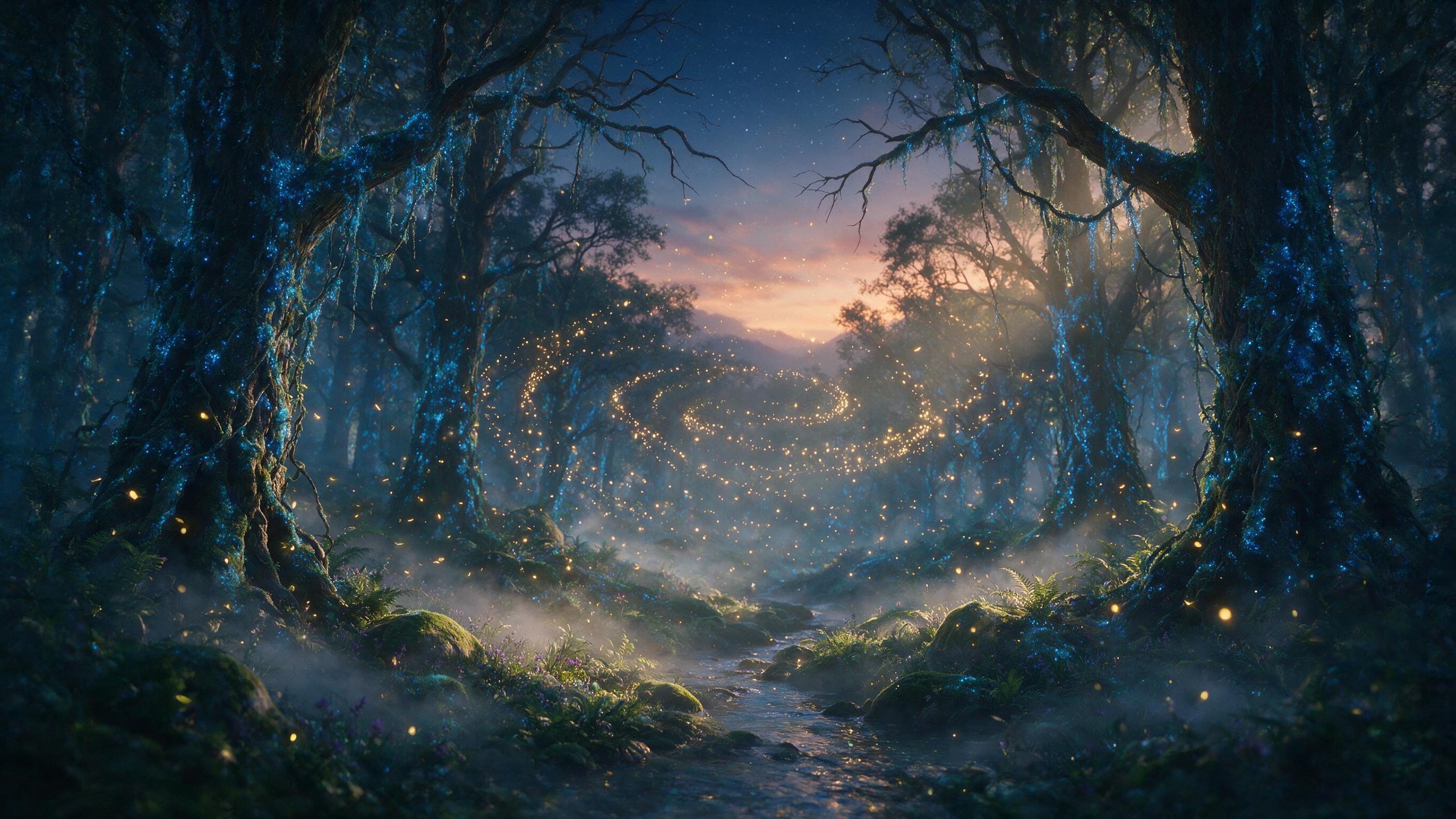 A luminous forest at twilight, ancient trees with glowing blue moss, fireflies floating in spiral patterns, misty ground, soft golden light filtering through canopy, cinematic composition, ethereal atmosphere