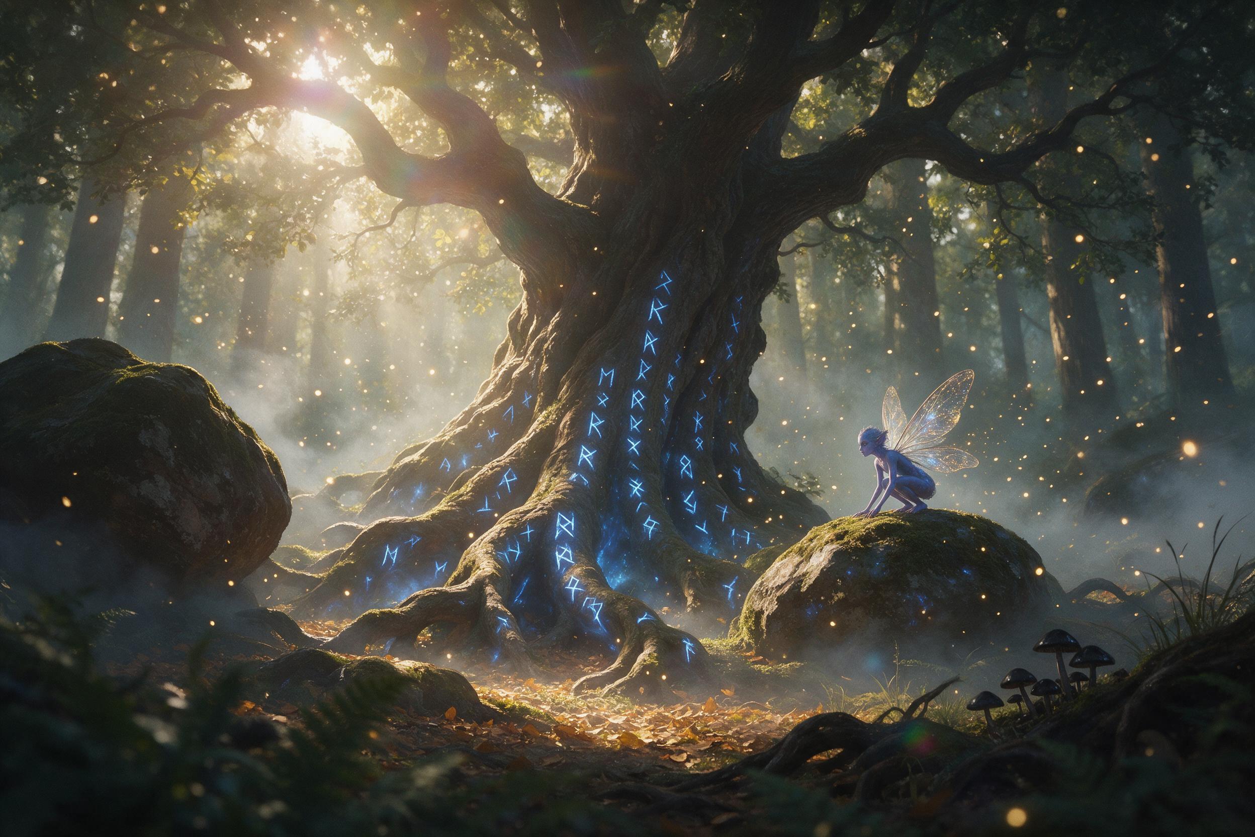 A sunlit ancient forest clearing, massive gnarled oak with glowing blue runes carved into bark, ethereal mist and floating golden spores, a winged pixie perched on a mossy stone, dappled light through dense canopy, shallow depth of field, lens flare, painterly, warm and cool color contrast