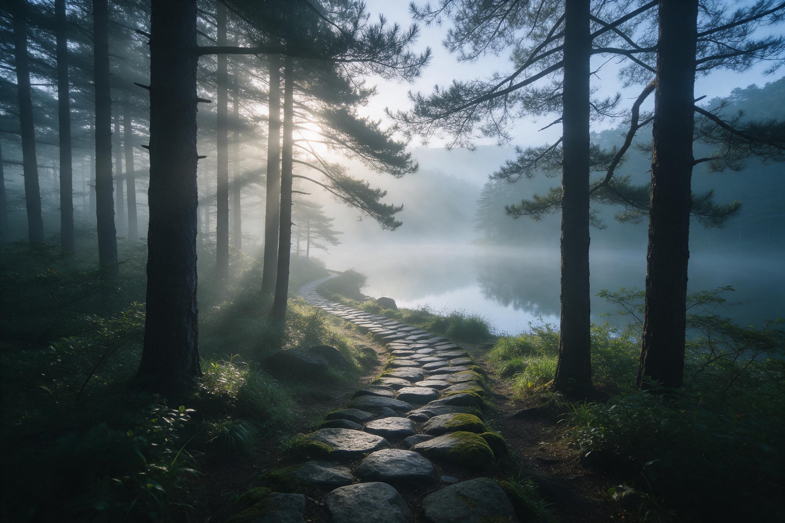 A misty pine forest at dawn, rays of golden light piercing through fog, a narrow winding path of mossy stones leading to a distant lake, soft water reflections, cool blue and green tones, gentle atmospheric depth, balanced composition with the path as a leading line, natural muted palette, slight fi