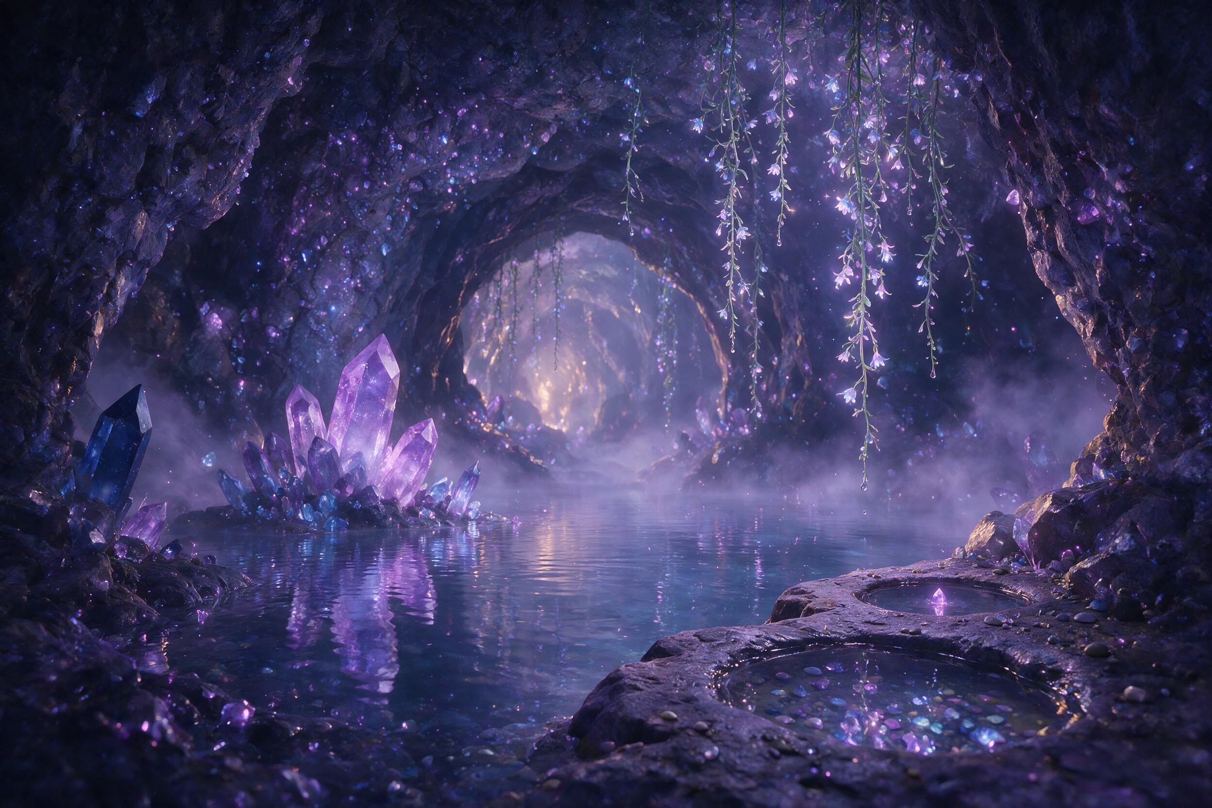 A luminous crystal cave, glowing bioluminescent vines hanging from the ceiling, a small pond reflecting violet and blue light, soft mist rising from the water, fantasy style, ethereal lighting, cavernous depth, gentle atmosphere