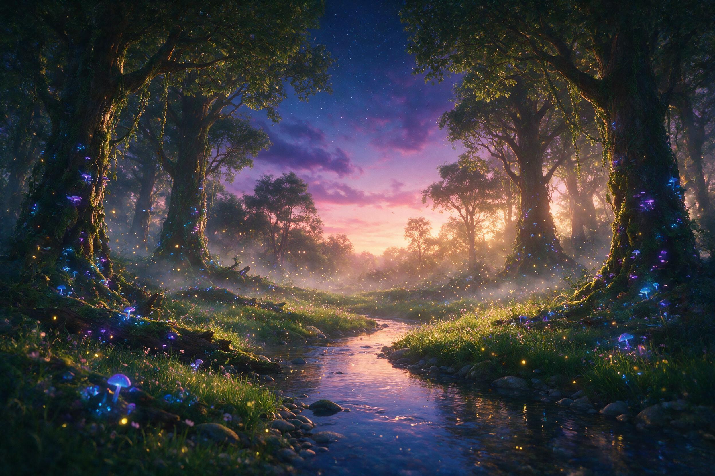 A mystical forest clearing at twilight, ancient towering trees with glowing blue and purple bioluminescent fungi, soft fireflies dancing in the air, a gentle stream reflecting the starry sky, subtle mist weaving through the scene, captured with a dreamy soft focus and warm golden backlighting