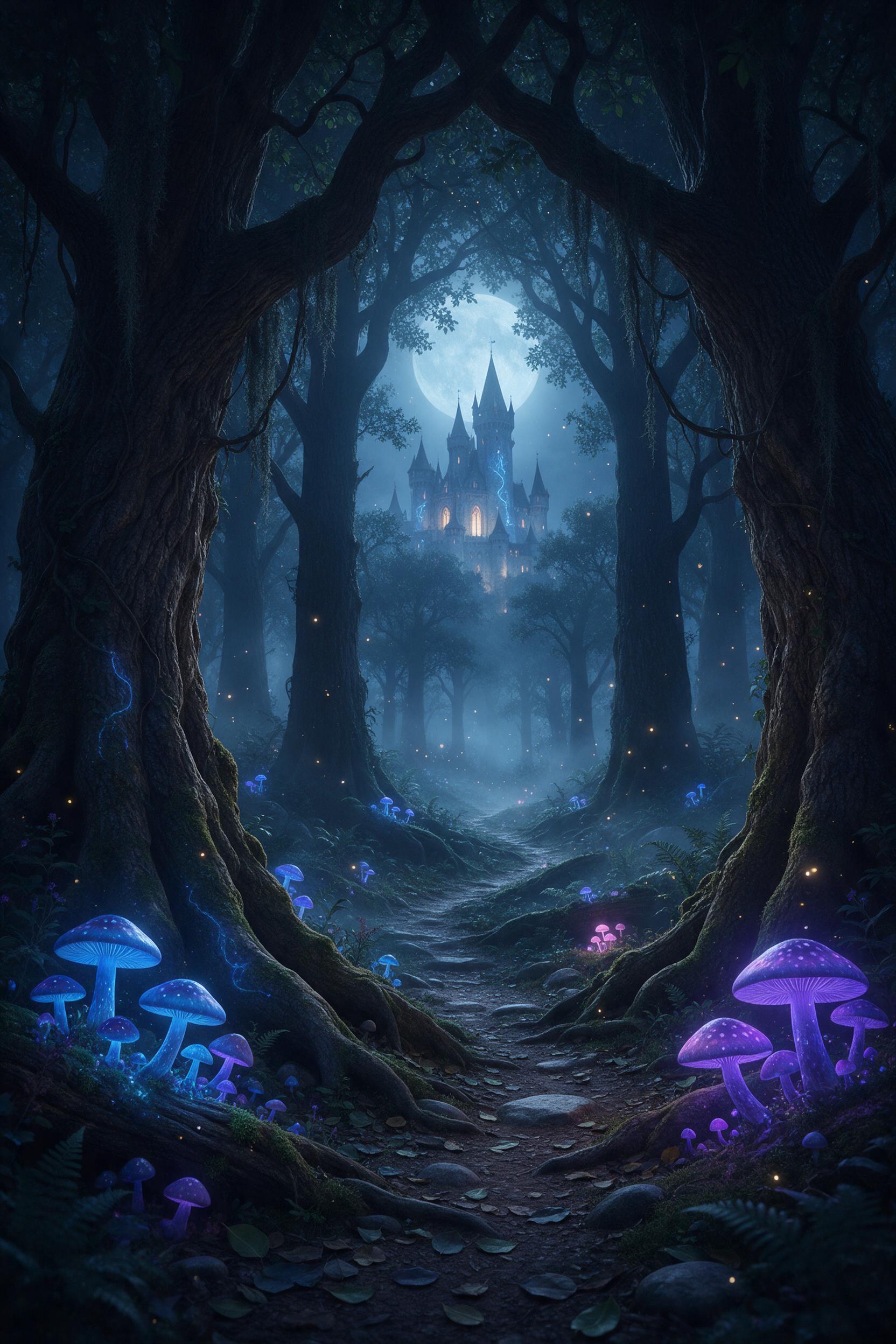 A mystical forest where bioluminescent blue and purple mushrooms glow beneath ancient towering oaks, a narrow winding path leading to a distant luminescent castle, soft moonlight filtering through misty canopy, fireflies dancing in air, cool color palette with warm highlights, atmospheric depth, dre
