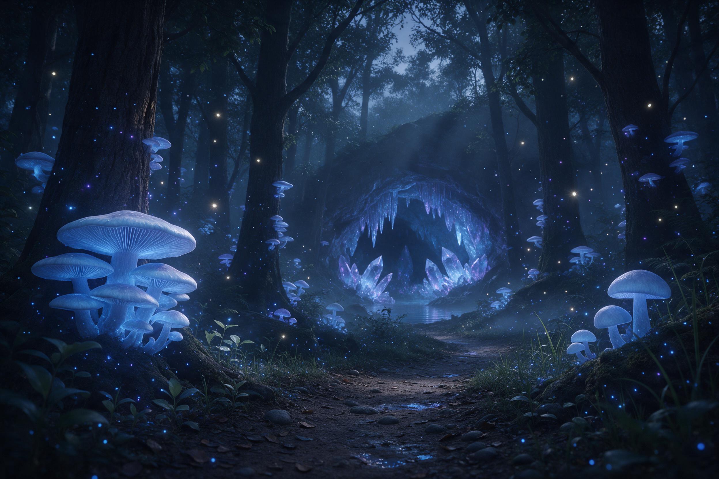 A bioluminescent forest at twilight, where giant glowing mushrooms and floating spores cast soft blue and violet light, a winding path leads to a distant crystal cave, misty air with fireflies, cinematic depth, ethereal atmosphere, delicate light rays piercing the canopy
