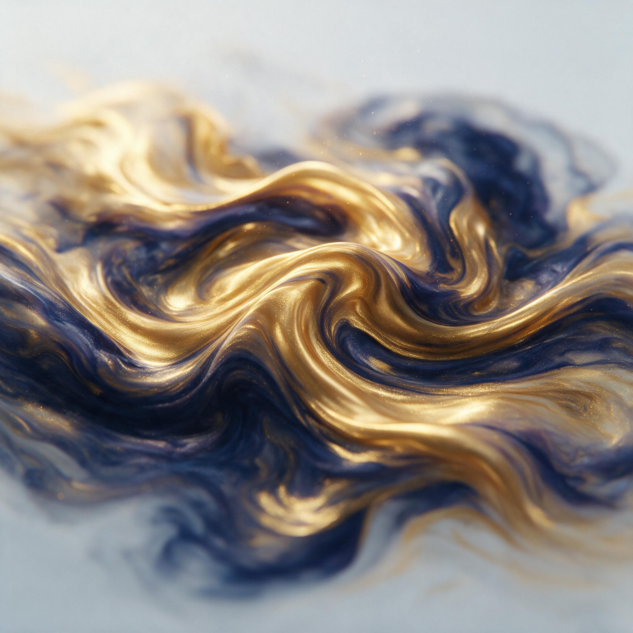 Minimalist fluid art of molten gold and deep indigo swirling together, soft matte finish, delicate ripples catch warm side light, gentle macro focus, faint dust particles in the air, clean pale backdrop, subtle depth of field, no text.