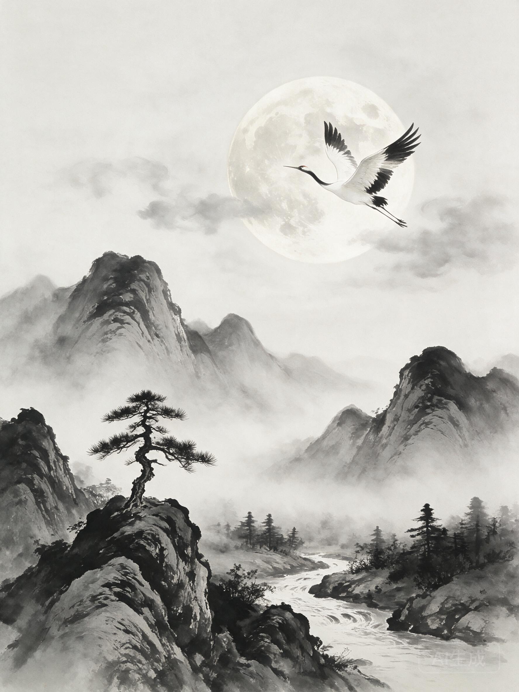 Traditional ink wash painting style, misty mountains with solitary pine, crane flying across the moon, monochrome