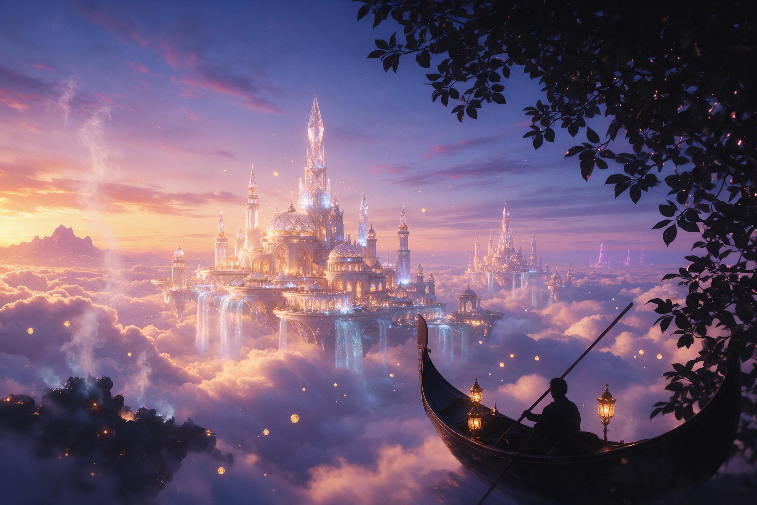 A floating crystal city at twilight, nestled in the clouds with luminous waterfalls cascading into the abyss below. Sparse wisps of mist catch the golden-pink sunset light, while tiny glowing orbs drift between spires. Seen from a distant gondola, foreground silhouetted leaves frame the scene. Warm 