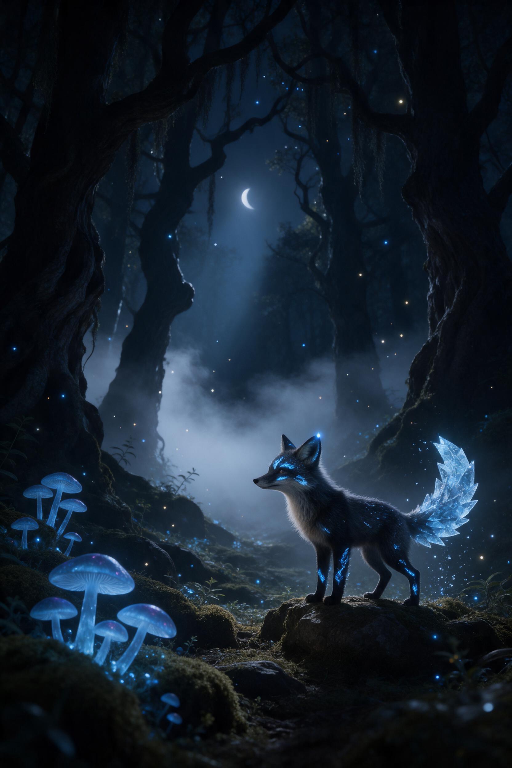 A moonlit ancient forest with glowing blue mushrooms, soft mist between tall twisted trees, a small glowing fox with crystalline tail in the foreground, fireflies in the air, ethereal light rays, shadowed background, cinematic composition