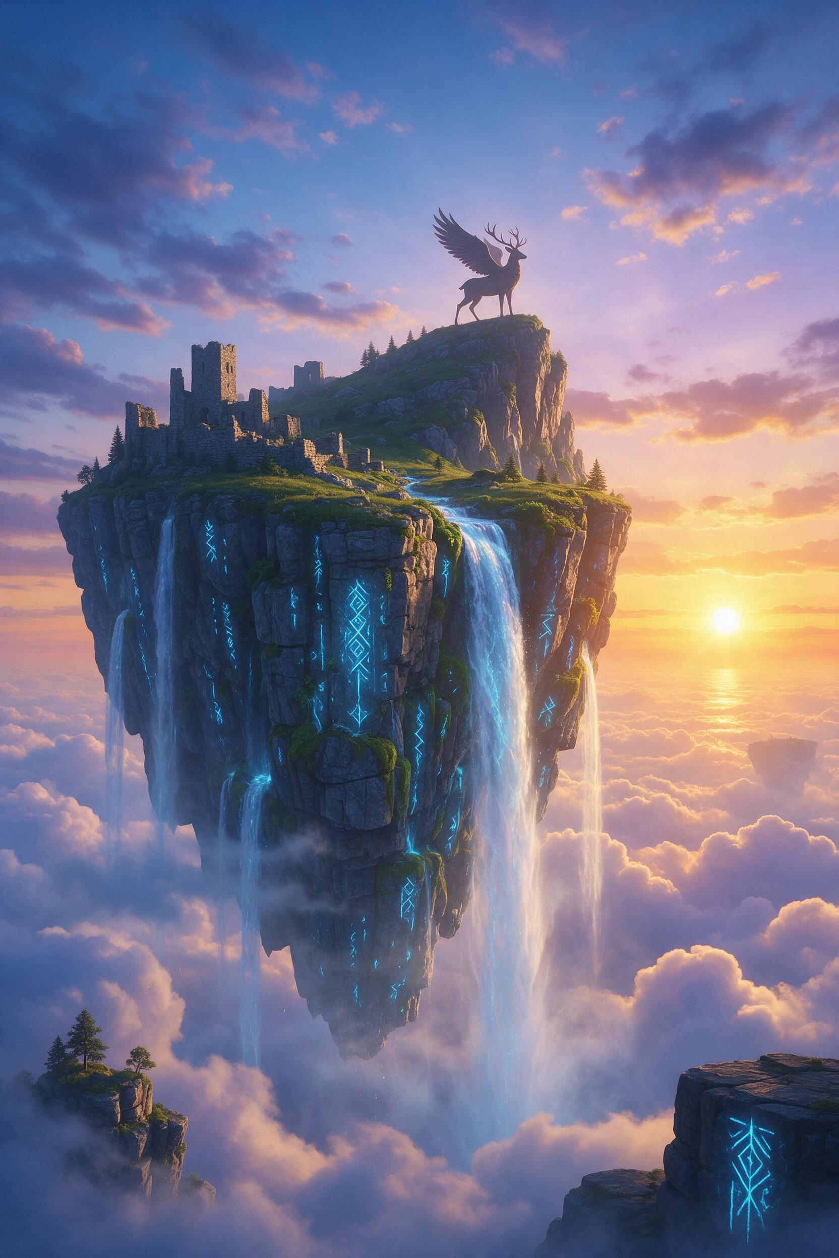 An ancient floating island above a sea of clouds at dusk, crystalline waterfalls cascading off its edges, glowing azure runes etched into the mossy stone cliffs, a silhouette of a winged deer on the highest peak, warm golden light from the setting sun contrasting with cool blue shadows, mist swirlin