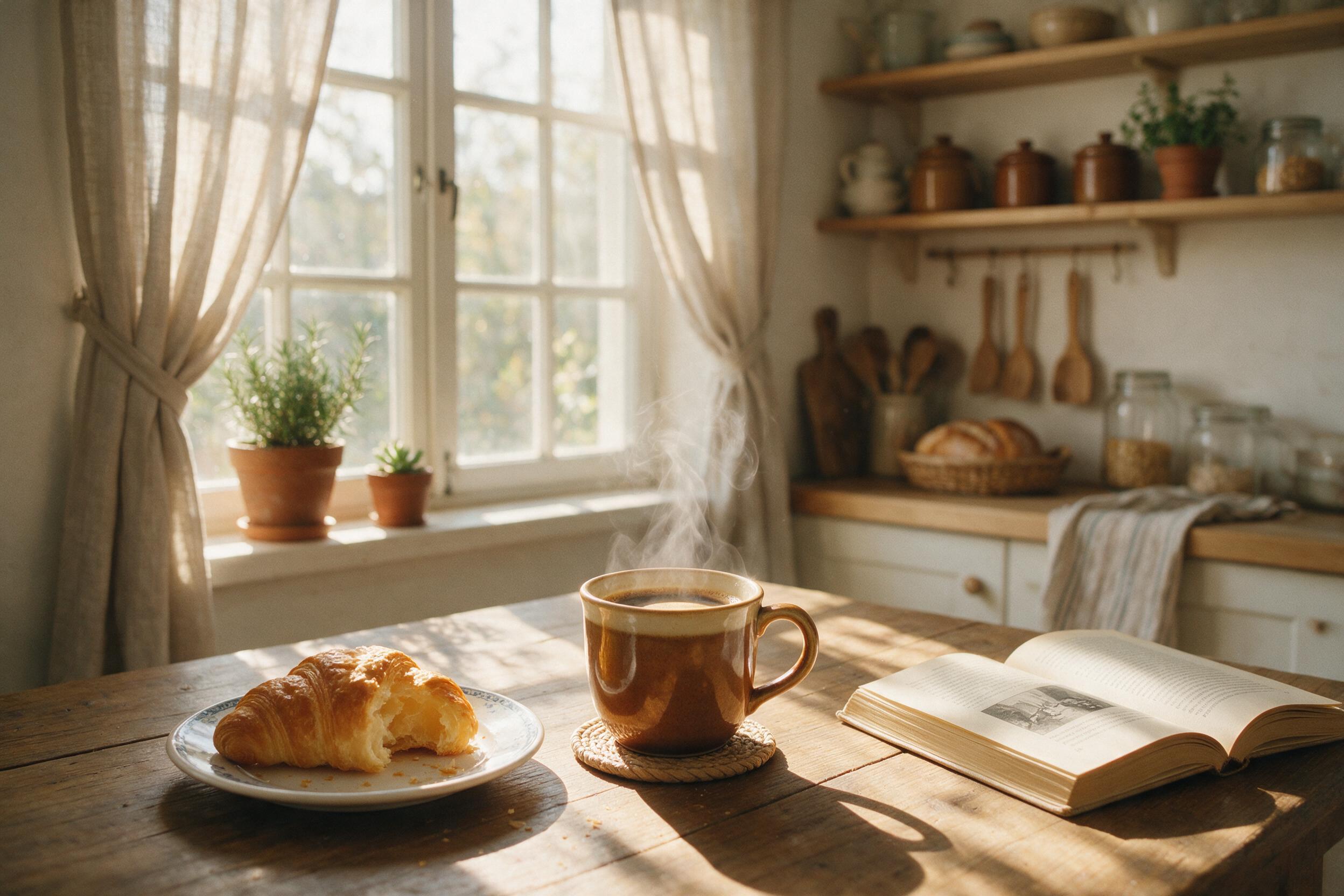 A cozy morning kitchen scene with soft sunlight streaming through a window, casting warm shadows on a wooden table. A steaming cup of coffee sits beside a half-eaten croissant, with a book open on the table. Natural lighting, slight camera shake, film grain.