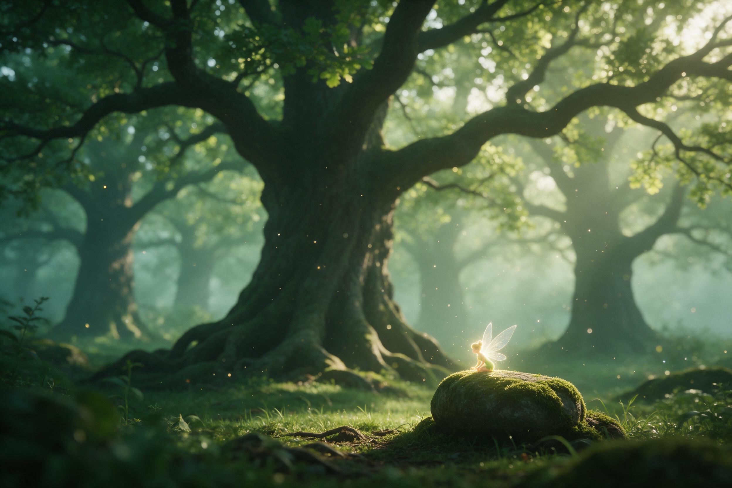 A misty emerald forest at dawn, ancient towering oaks with gnarled roots, soft golden light filtering through leaves, a tiny glowing sprite with translucent wings perched on a mossy stone, sparkling dust in the air, shallow depth of field, ethereal atmosphere, no people