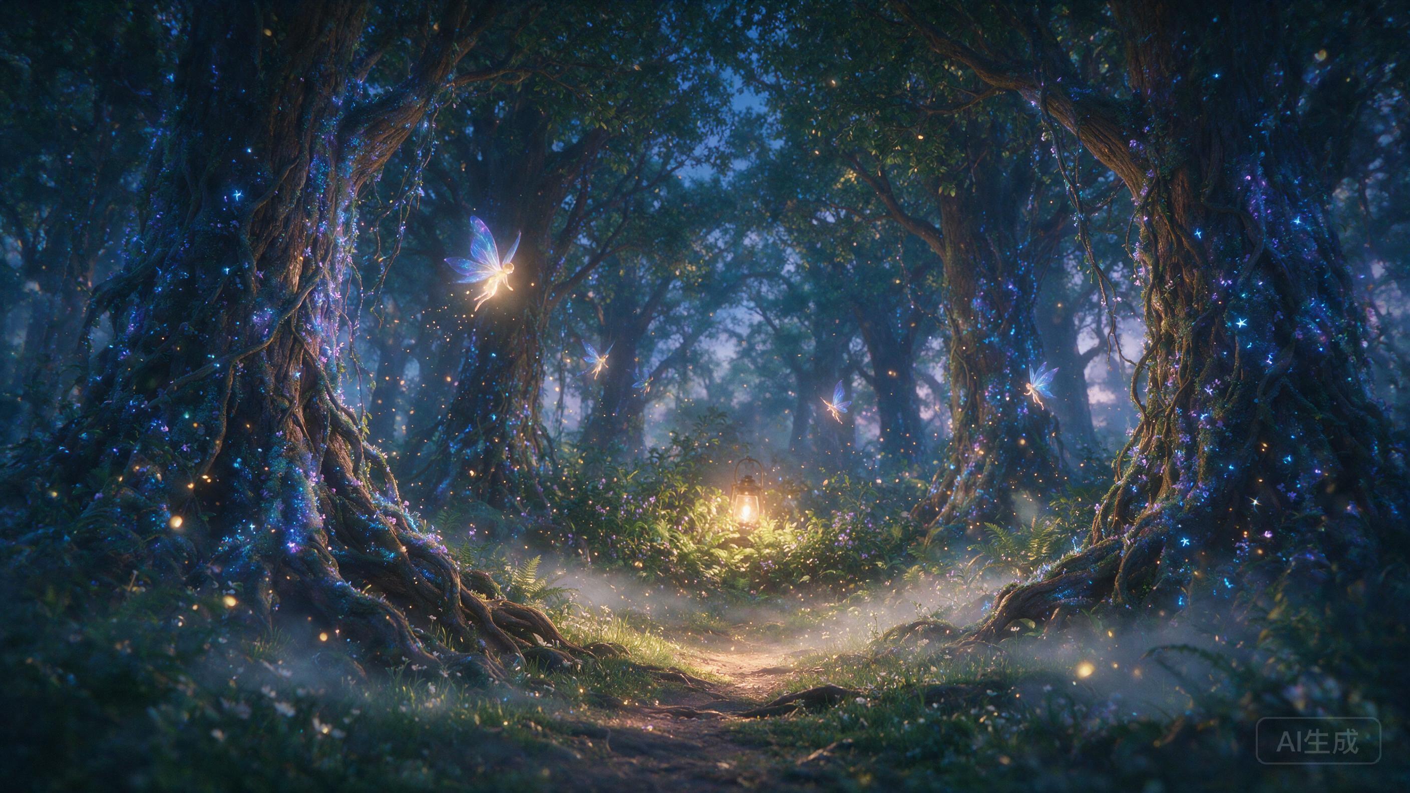 A luminous forest at twilight, towering ancient trees with bioluminescent blue and purple moss, small glowing fairy-like creatures flitting between floating golden pollen, soft mist hugging the ground, warm amber light from a hidden lantern, dreamy ethereal atmosphere, subtle lens flare, natural fil