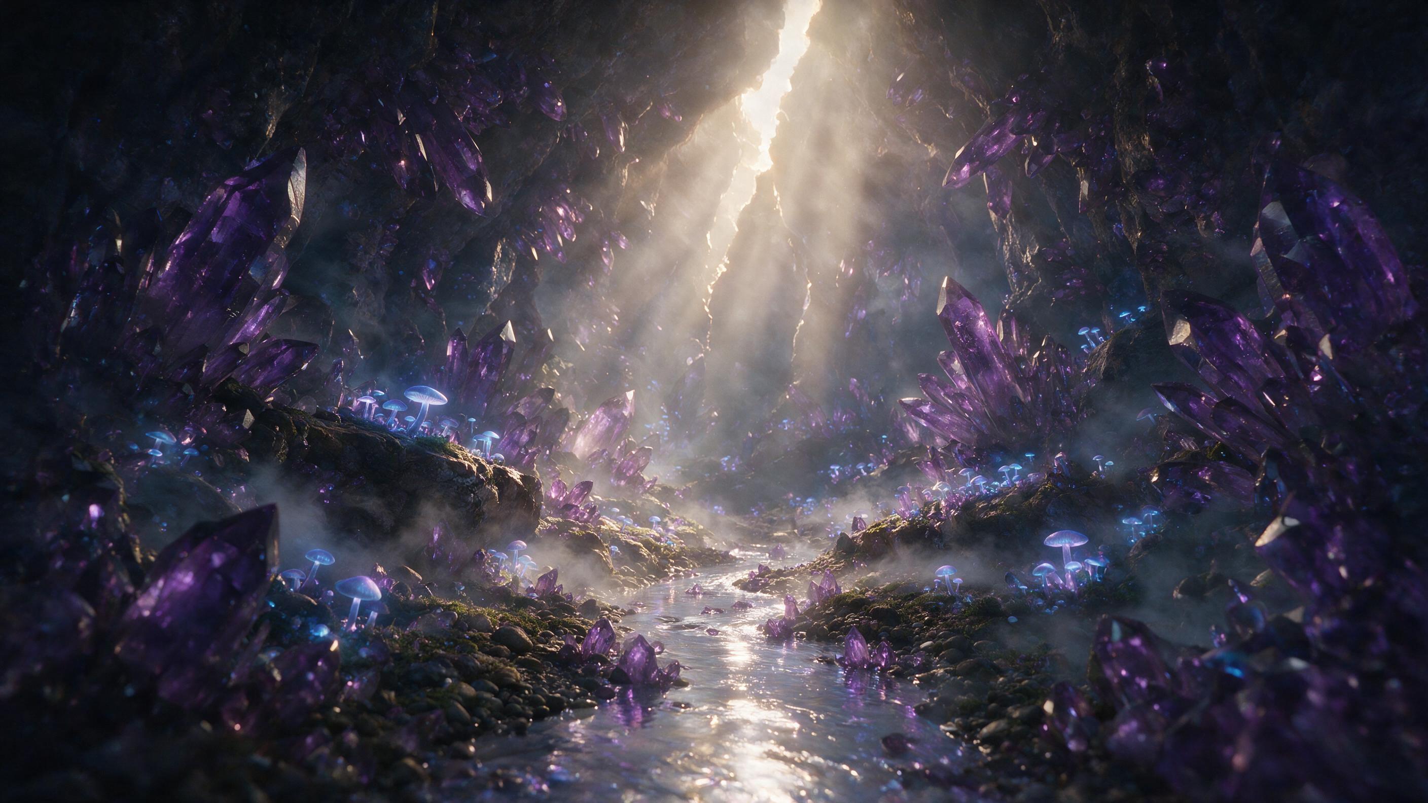 A glowing crystal cavern deep underground, bioluminescent fungi casting soft blue and purple light onto jagged amethyst formations, a small stream of liquid silver winding through the center, ethereal mist rising, natural light rays piercing through a crack in the cave ceiling, low angle view emphas