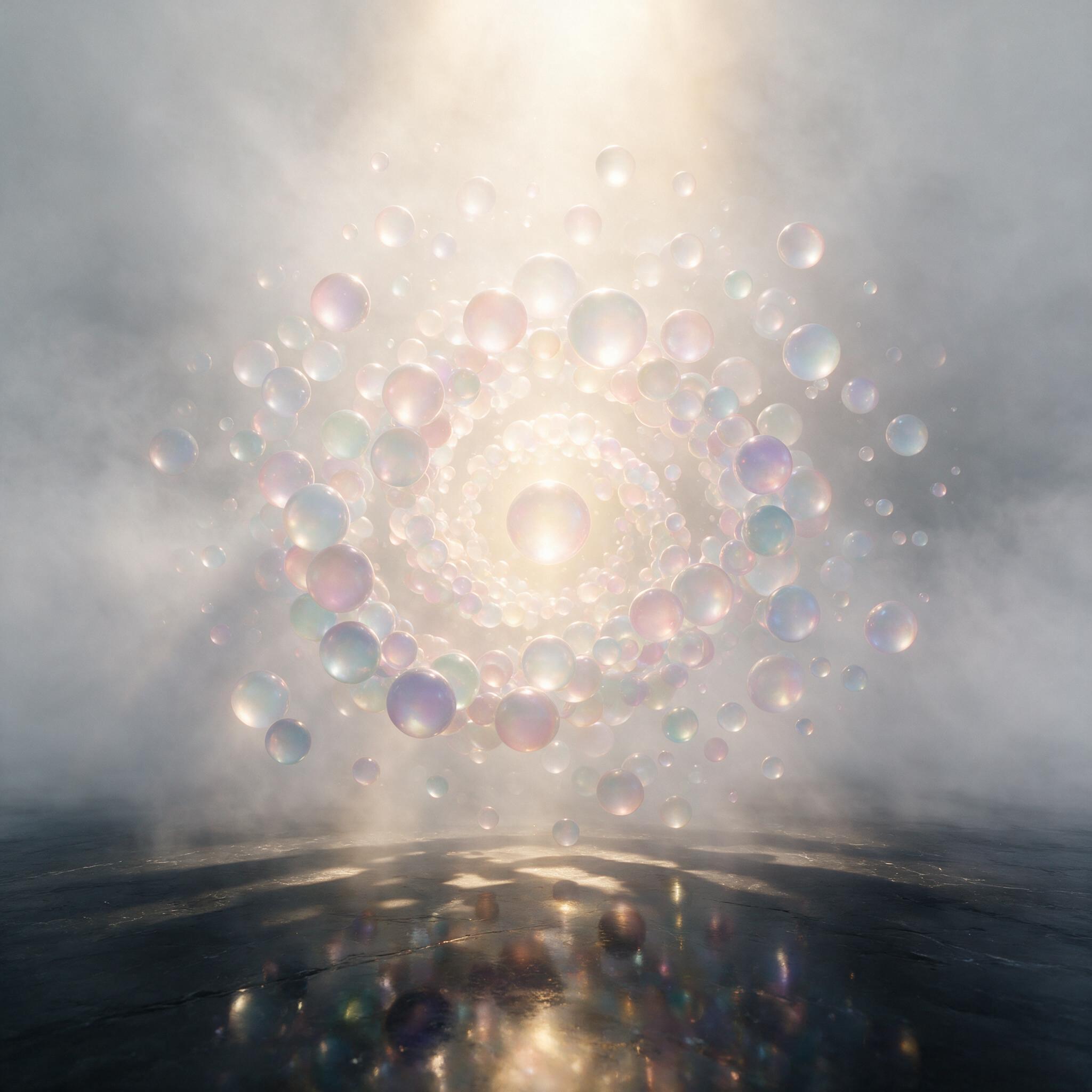 A swirling vortex of translucent, iridescent spheres in muted pastel tones, floating in a soft fog, with a single beam of golden light piercing through the center, casting long shadows on a reflective obsidian floor, composition focused on symmetry and depth, minimalistic but dynamic.