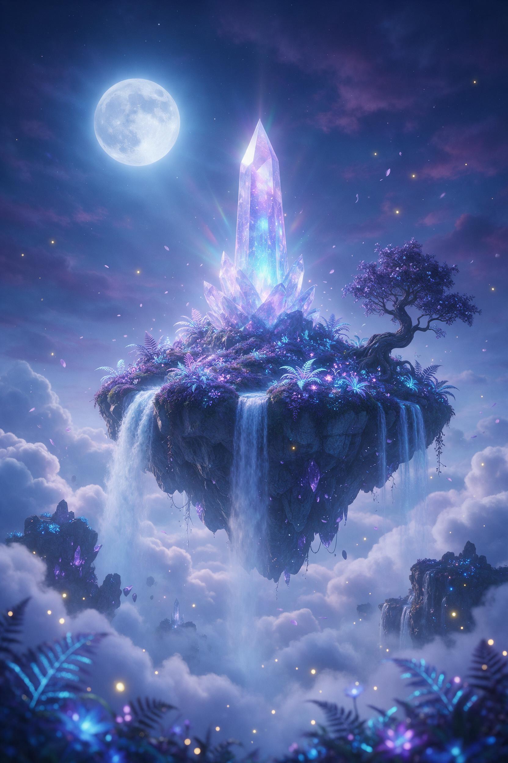 A moonlit floating island with a glowing crystal spire, waterfalls cascading into misty clouds below, ethereal blue and violet light, tiny fireflies drifting, lush glowing flora, gentle wind, cinematic composition from a low angle, dreamlike atmosphere