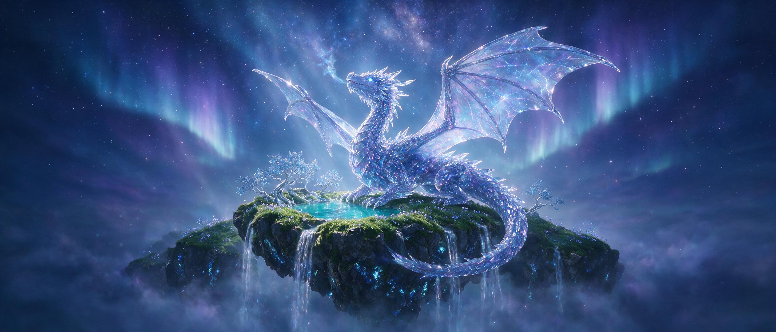 A glowing crystal dragon coiled around a floating island in a twilight sky, aurora borealis ribbons overhead, tiny waterfalls cascading off the island edge into a misty abyss, ethereal blue and violet palette, soft volumetric light, cinematic composition, delicate scales reflecting starlight, no tex