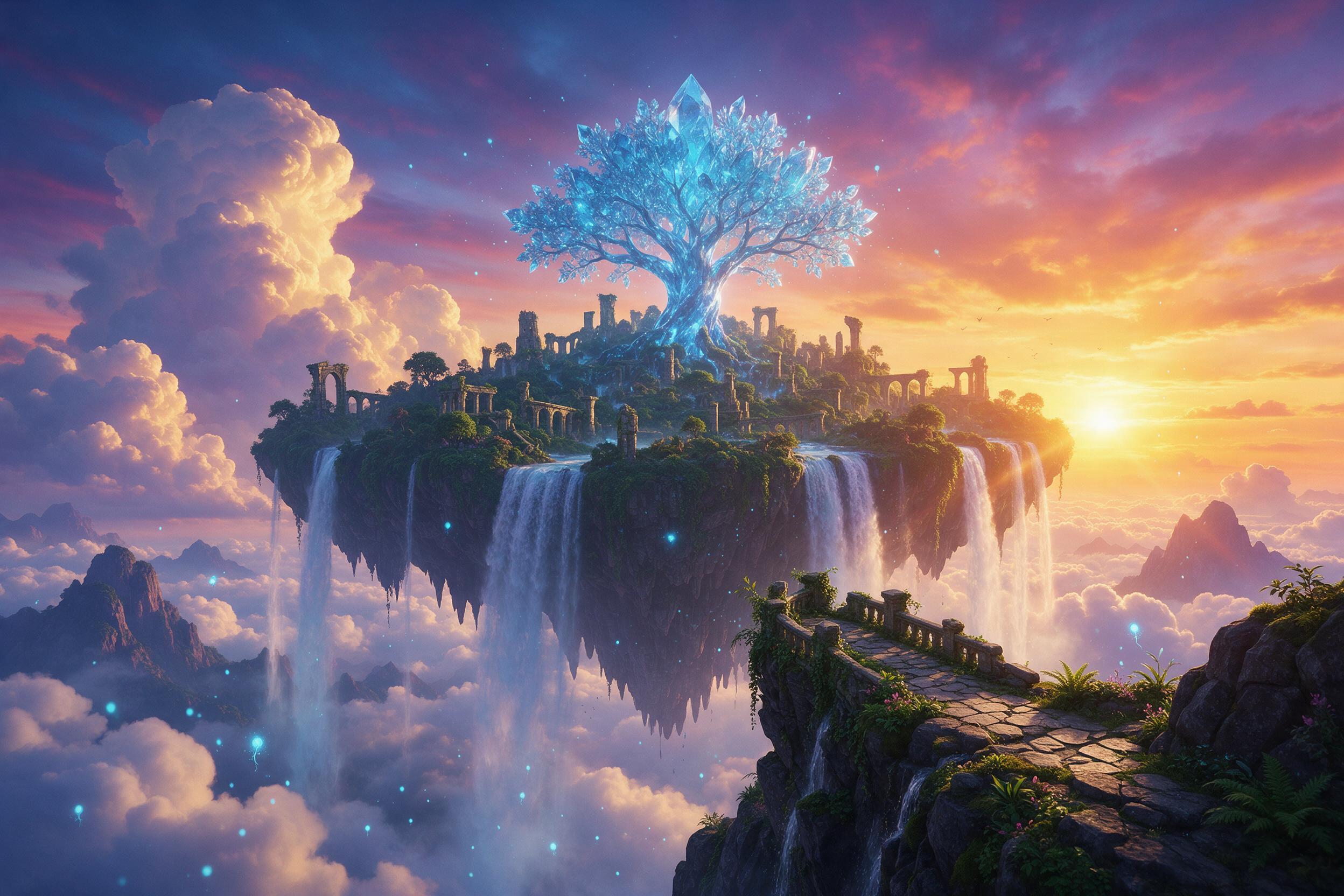An ancient floating island in twilight, with a glowing crystal tree at its center casting soft blue light, waterfalls cascading off the edges into clouds, small glowing spores drifting in the air, dramatic backlit sunset with purple and orange hues, view from a steep cliff, lush overgrown ruins and 