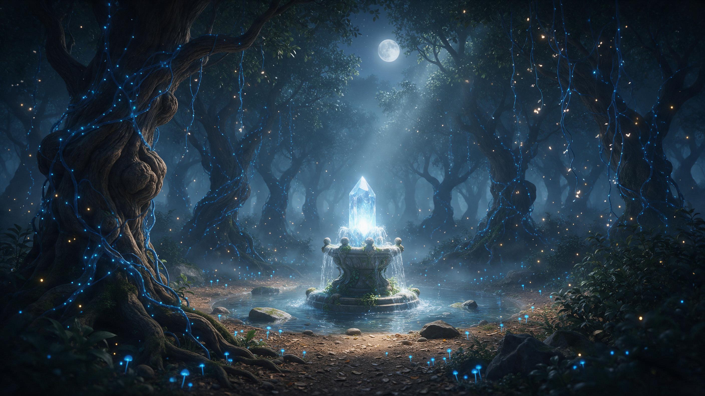 A misty ancient forest with towering, twisted trees wrapped in luminescent blue vines, a small clearing where a glowing crystal fountain flows, fireflies floating in dappled moonlight, ethereal atmosphere, soft volumetric light, subtle fog, whimsical details, cinematic composition.