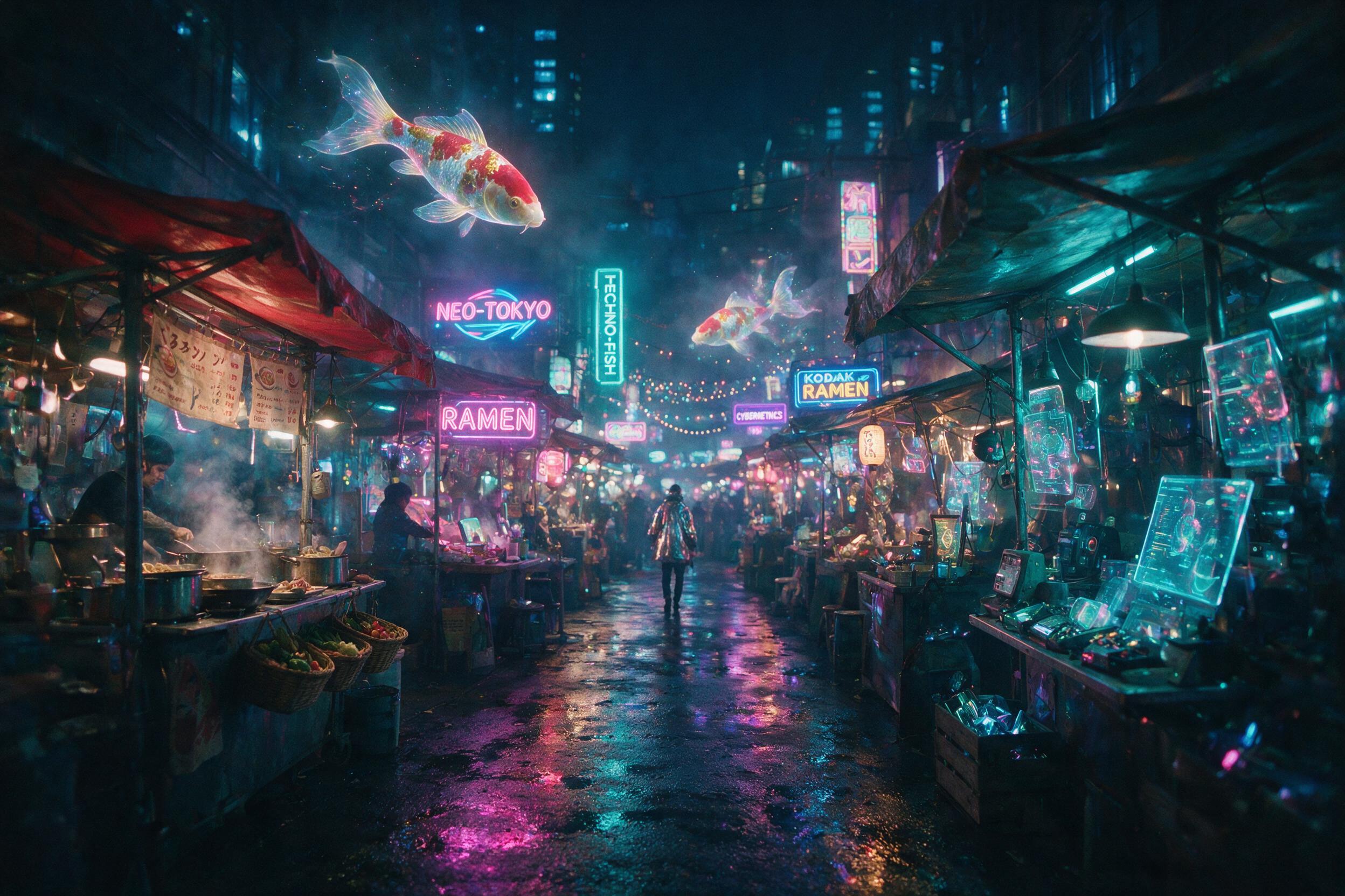 A neon-lit cyberpunk street market at midnight, holographic koi fish swimming through humid air, rain-slicked asphalt reflecting pink and cyan signs, narrow alley crowded with floating stalls, a lone figure in a reflective coat walking away, natural grain and slight motion blur from hand-held camera