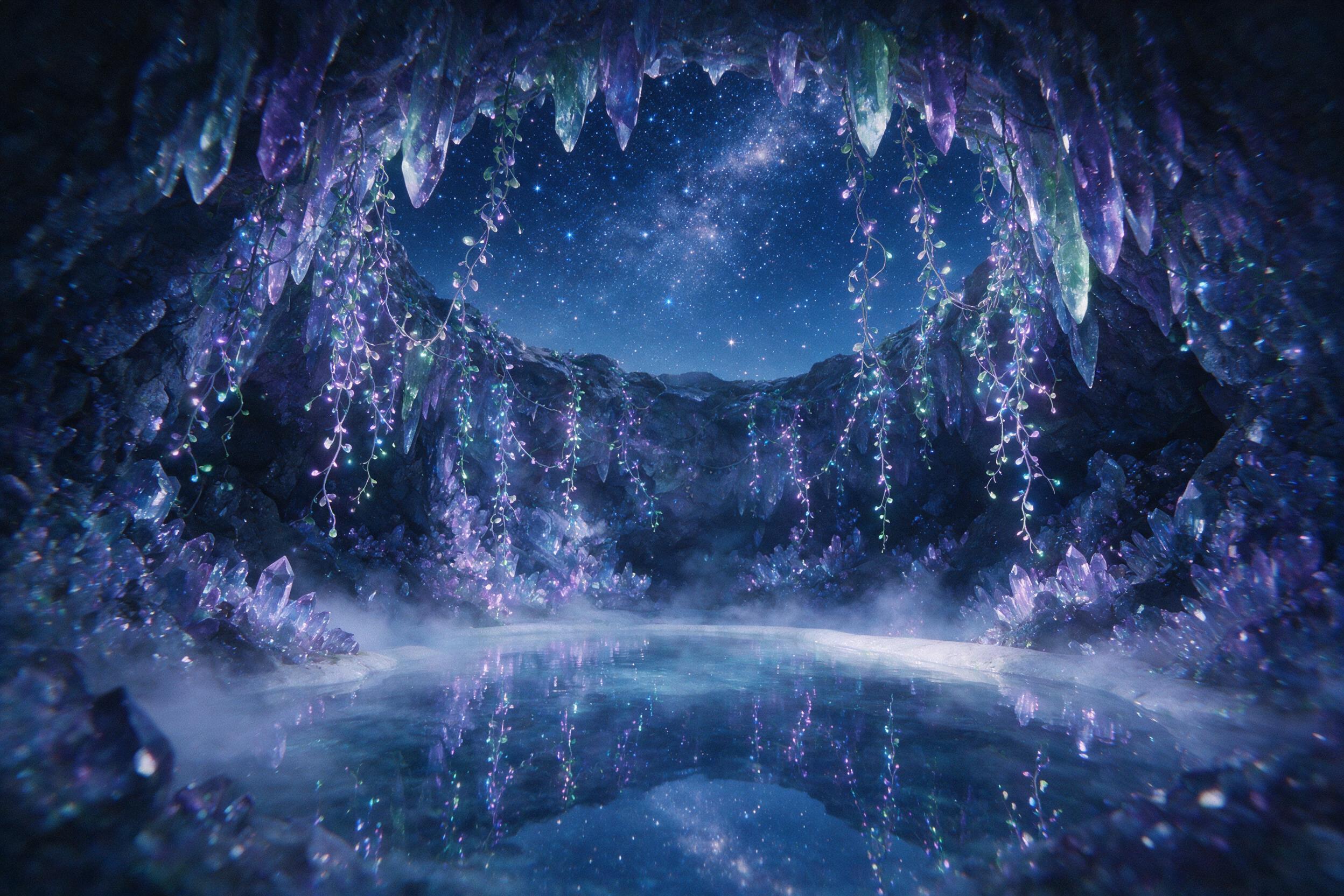 A luminous crystal cave beneath a star-filled sky, bioluminescent vines hanging from jagged stalactites, a calm pool reflecting the stars, soft purple and blue light, ethereal mist, slight camera shake, film grain