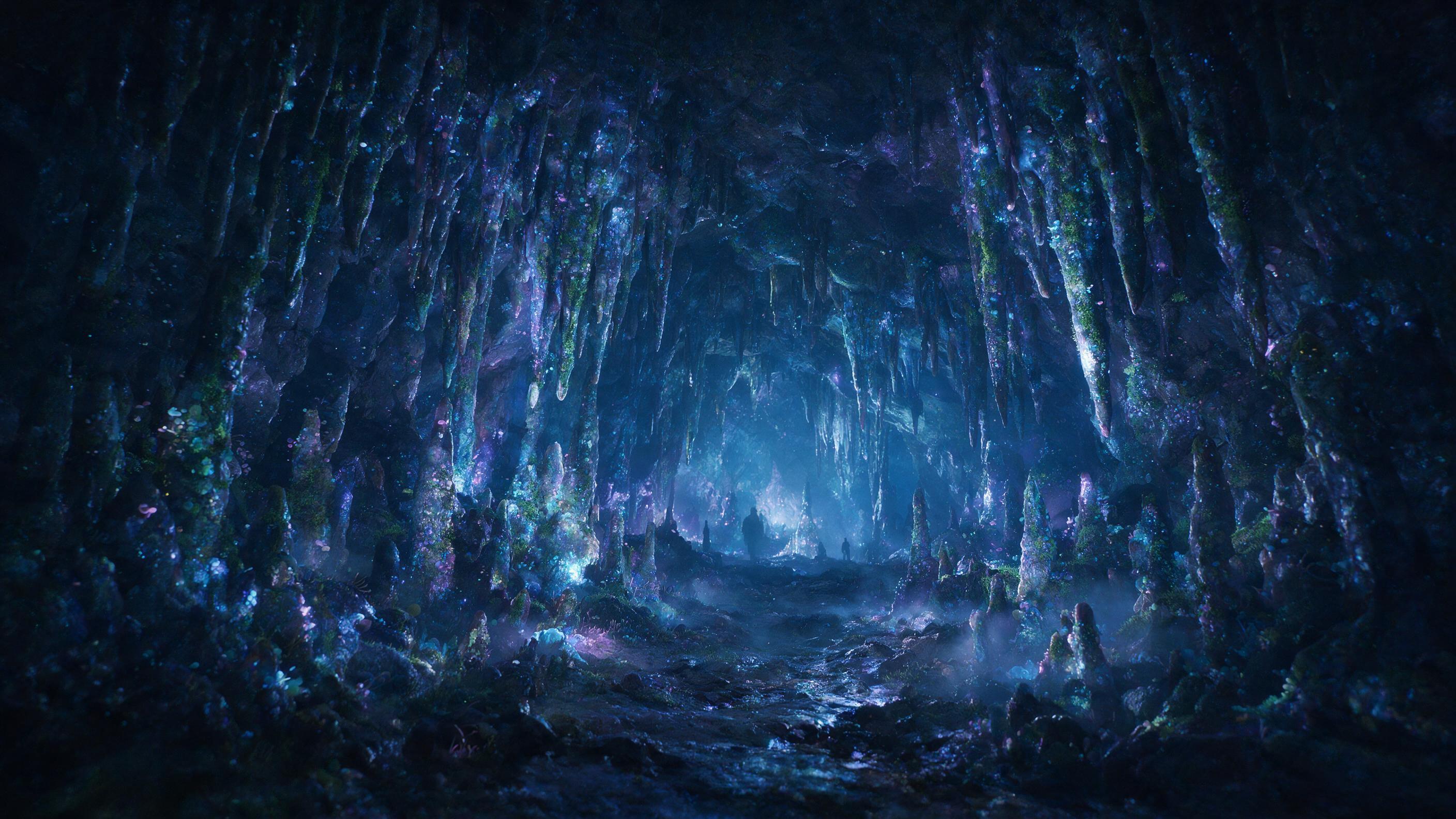 A glowing crystal cave deep underground, bioluminescent moss and fungi coating jagged stalactites, soft blue and purple light reflecting off wet rocky surfaces, a faint mist swirling near the ground, wide-angle composition with a single figure silhouetted in the distance, natural ambient glow castin