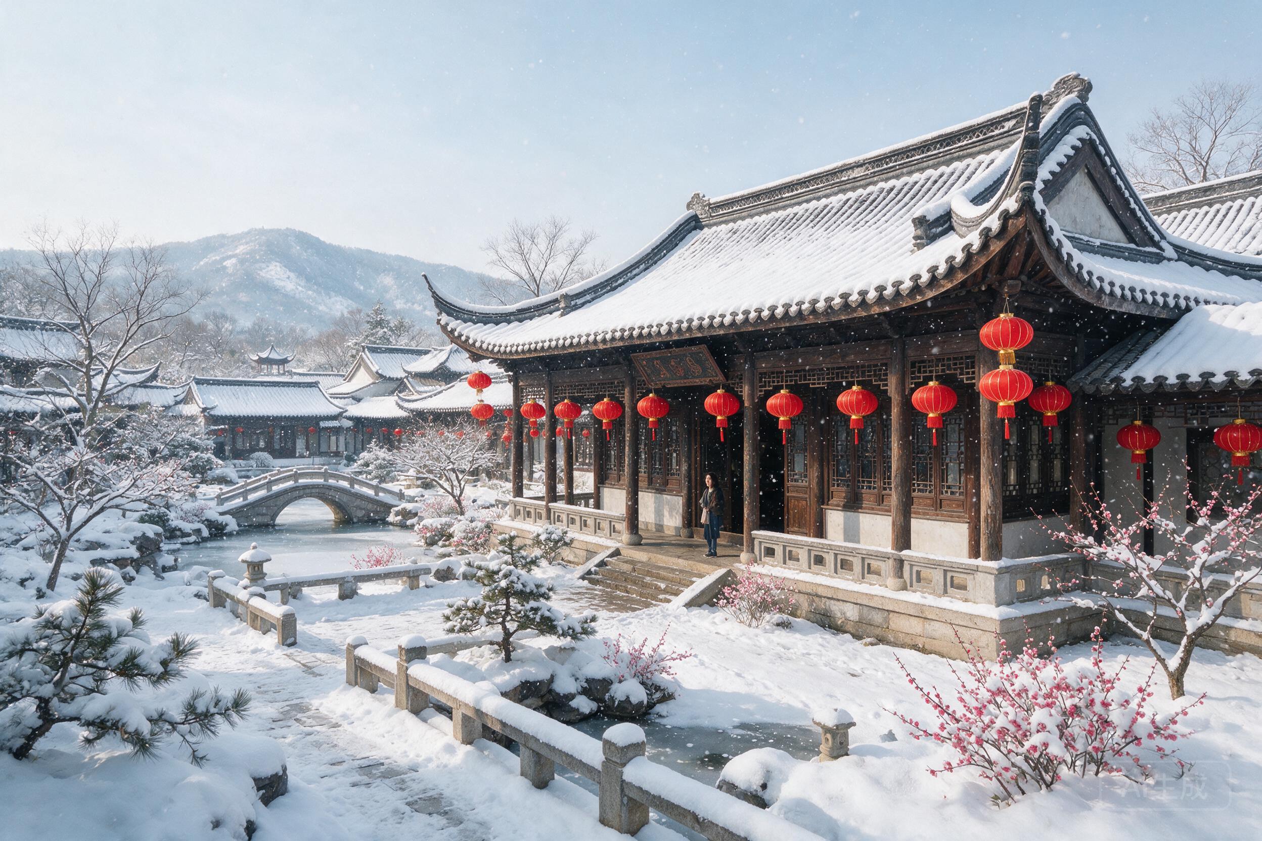 Traditional Chinese architecture in a snowy landscape, red lanterns hanging, roof edges covered in snow, peaceful winter scene