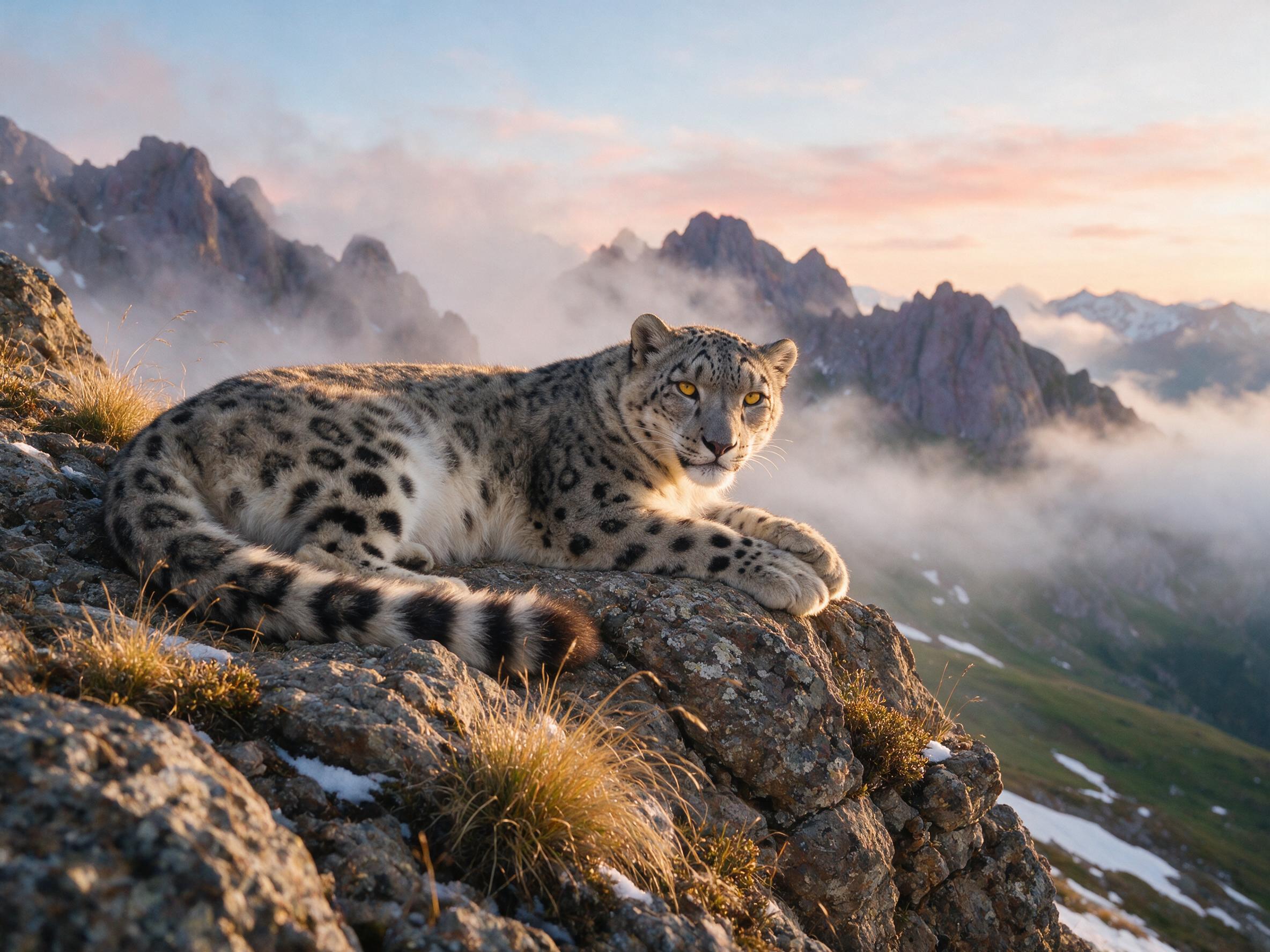 A snow leopard lies on a rocky outcrop at dawn, soft golden light illuminating its fur, misty mountain valley below, natural grain, slight windblown grass, warm tones, telephoto lens compression, shallow depth of field
