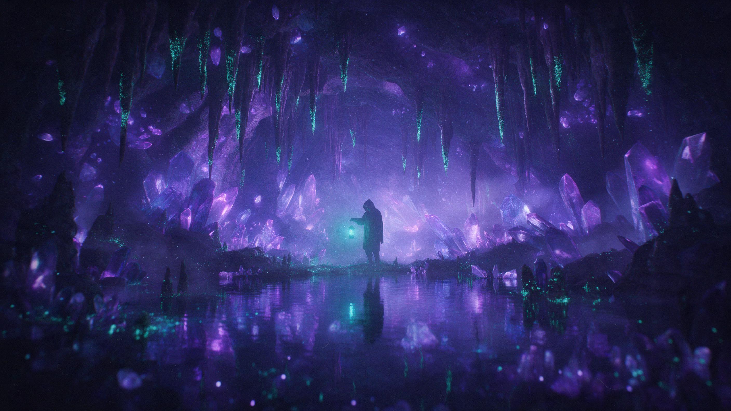 A glowing crystal cavern deep underground, bioluminescent moss dripping from stalactites, a lone hooded figure holding a lantern casting teal light, reflections in a still underground lake, faint mist and dust particles, cinematic volumetric lighting, rich purple and blue hues, slight grain for atmo