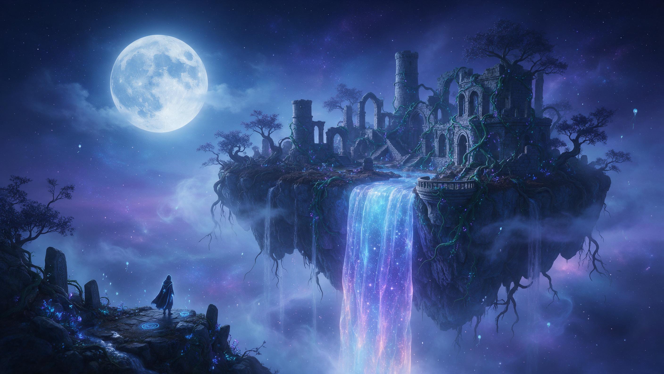 A moonlit floating island with a glowing crystal waterfall cascading into a starry void below, ethereal mist swirling, ancient stone ruins wrapped in luminescent vines, soft blue and purple palette, cinematic composition with a small lone figure standing on the edge, moody atmospheric lighting