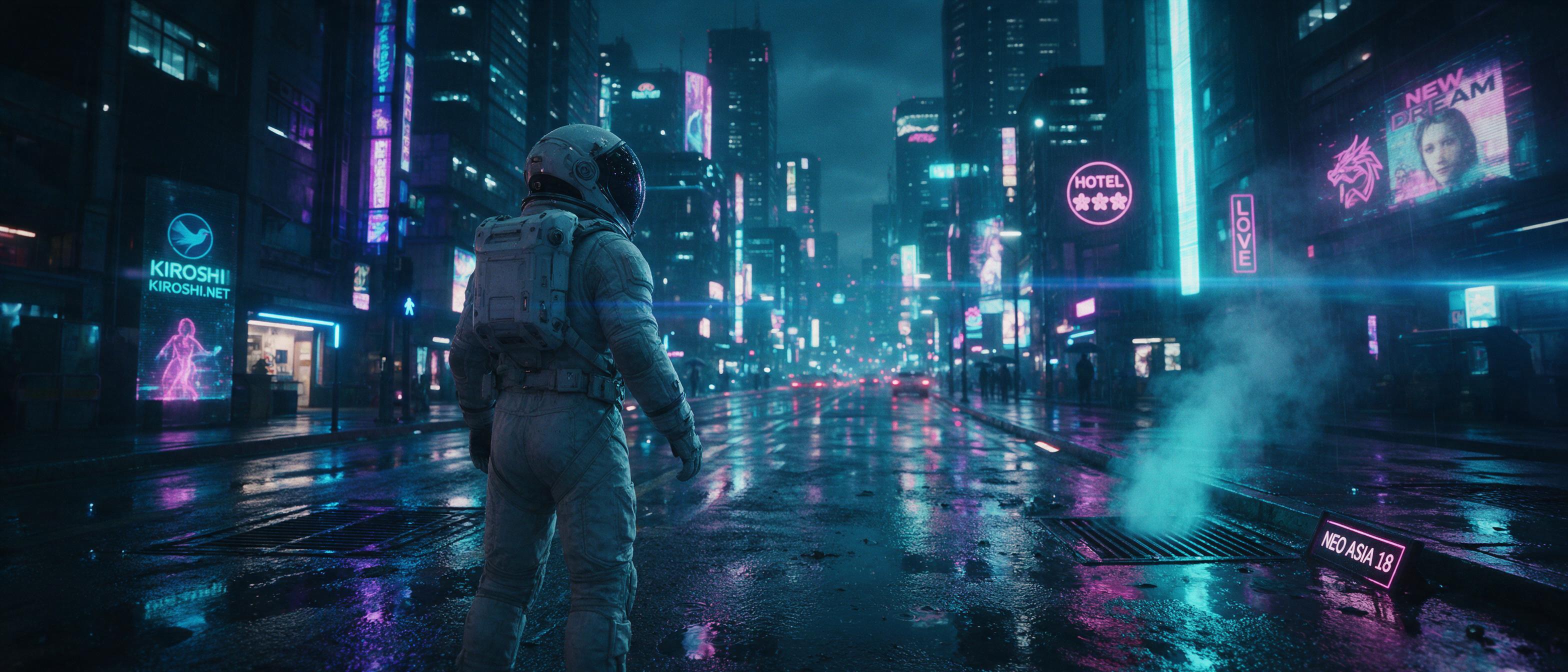 A lone astronaut stands on a rain-soaked neon-lit street in a sprawling cyberpunk city, holographic advertisements flickering on towering skyscrapers, reflections stretching across wet asphalt, steam rising from vents, moody cyan and magenta tones, cinematic wide shot with slight lens flare and subt