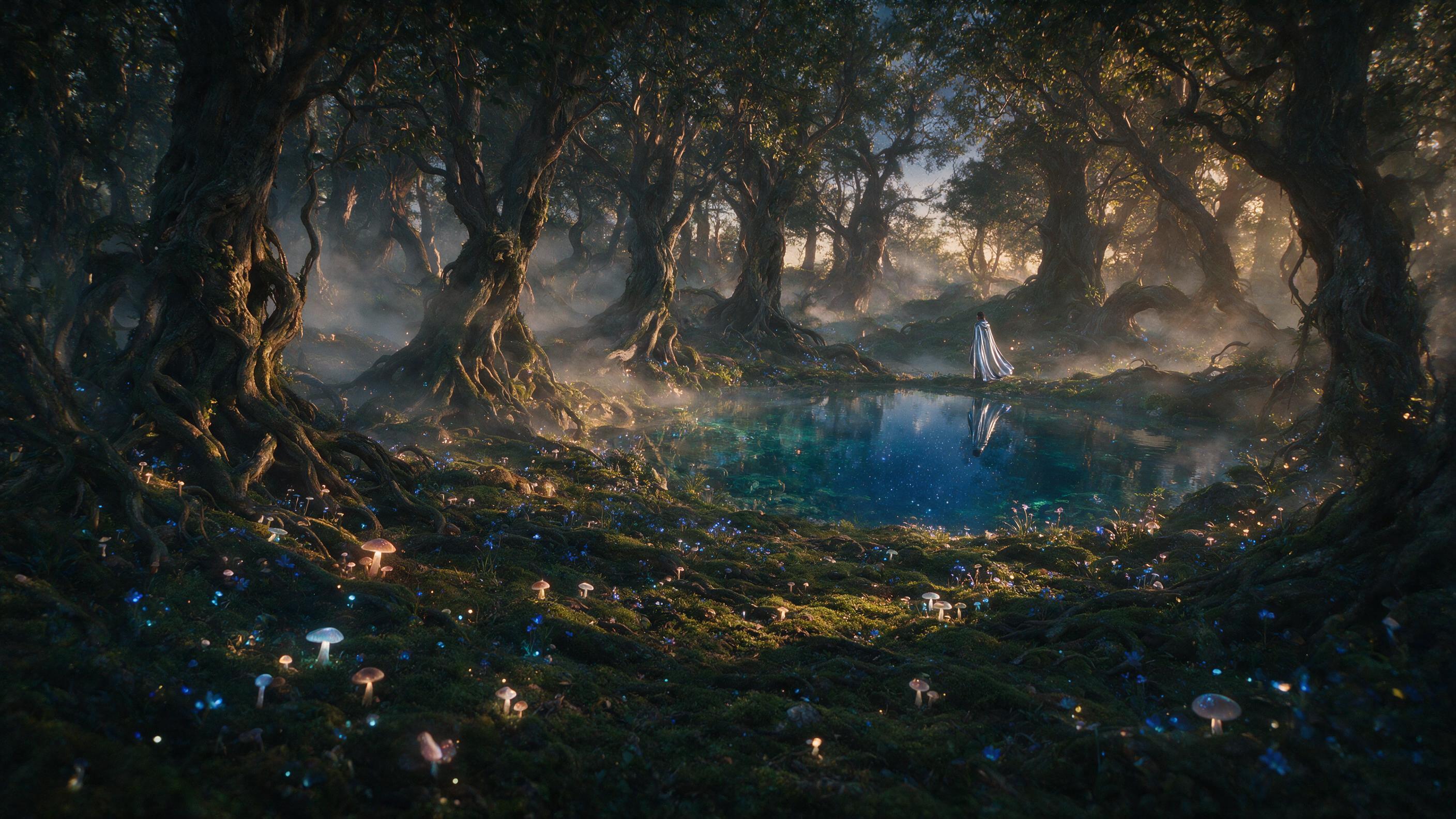 A mystical forest at twilight, bioluminescent mushrooms and glowing blue flowers scattered on a mossy ground, ancient gnarled trees with twisted roots, soft mist weaving through trunks, a lone figure in a flowing silver cloak stands by a crystal-clear pond reflecting the starry sky, warm golden ligh