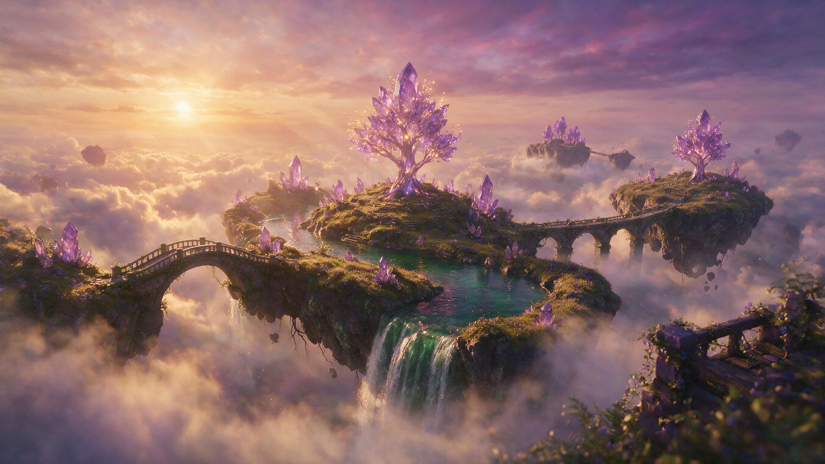 Luminous floating islands amid golden clouds at sunset, glowing crystal trees shedding soft light over a winding river of emerald water, vine-covered stone bridges connecting landmasses, ethereal atmospheric haze blending deep purples and warm oranges, cinematic composition with misty foreground