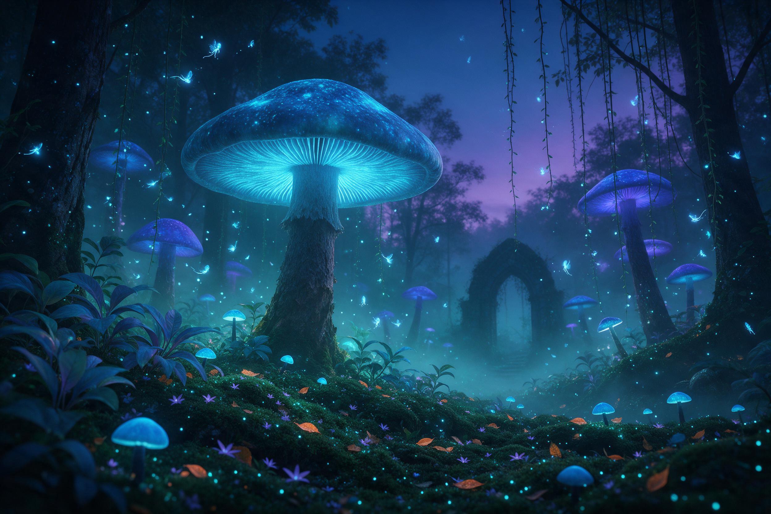A bioluminescent forest at twilight, towering mushrooms with glowing blue caps casting soft light on mossy ground, delicate air spirits like tiny fireflies weaving between hanging vines, misty fog hugging the undergrowth, a hidden stone archway faintly visible in the distance, cool teal and violet c