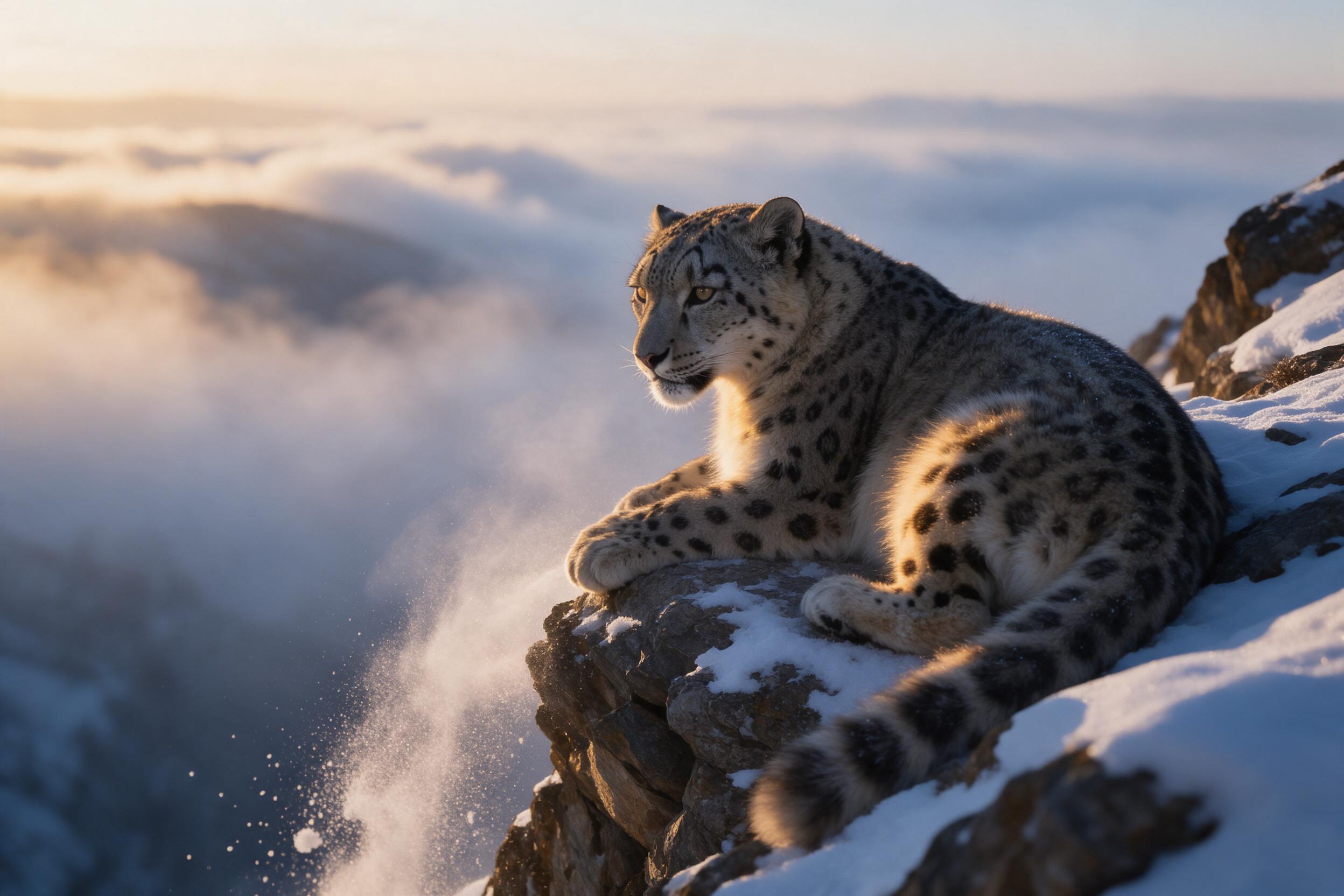 A snow leopard rests on a rocky outcrop at dawn, its spotted fur catching the first golden rays. Soft mist swirls in the valley below, and powdery snow drifts from the cliff edge. Telephoto lens, shallow depth of field, natural morning light with a hint of cool blue shadow.