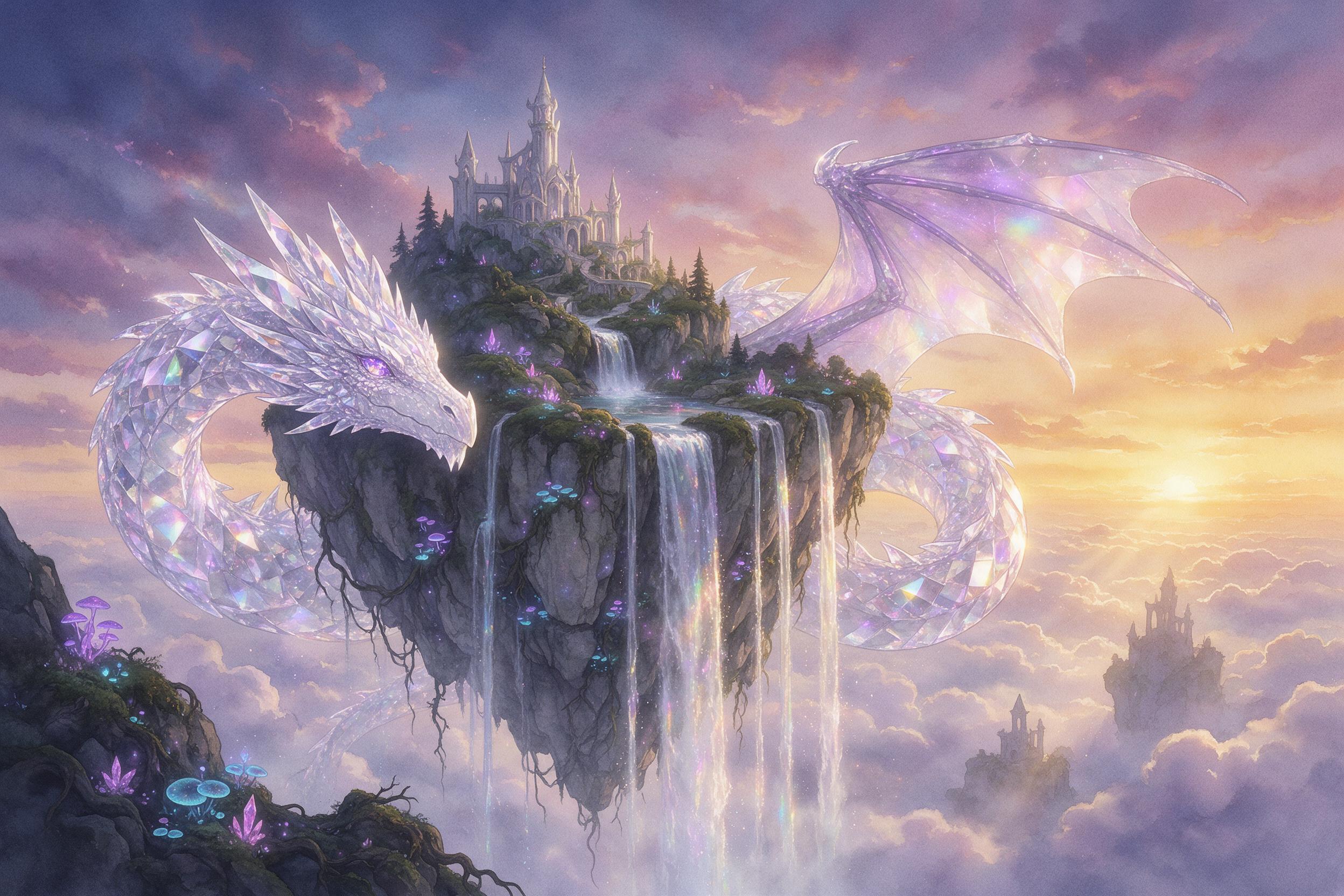 A glowing crystal dragon coiled around a floating island at dusk, its scales refracting prismatic light, waterfalls cascading into an abyss of misty clouds, bioluminescent plants dotting the craggy rocks, soft purple and amber sky, gentle watercolor textures, dreamlike atmosphere, wide-angle composi