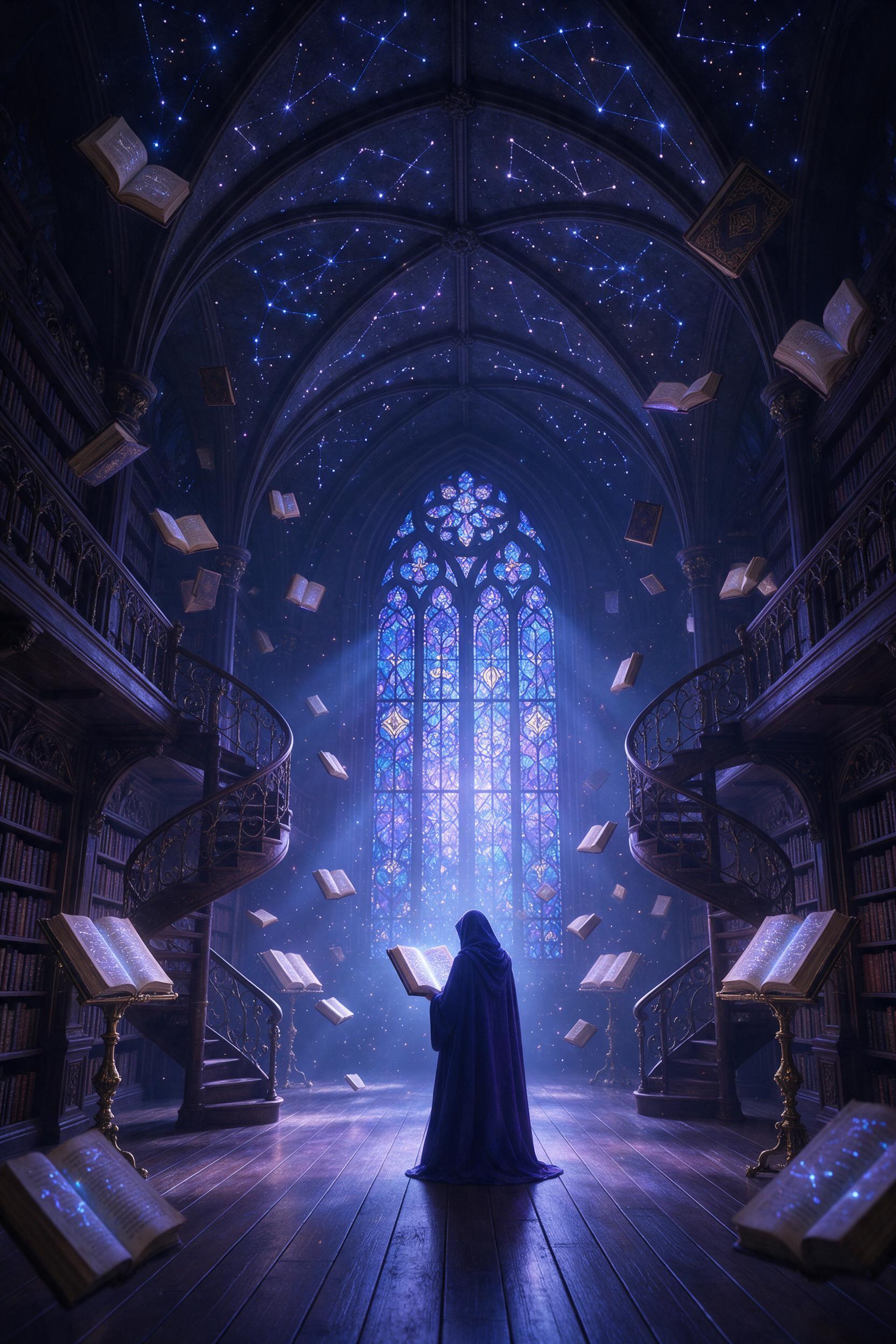 A moonlit ancient library filled with floating glowing books and swirling constellations, a lone cloaked figure reading beneath a giant stained-glass window casting soft blue and violet light, dust motes sparkling, ornate spiral staircases, high ceilings, an ethereal atmosphere,