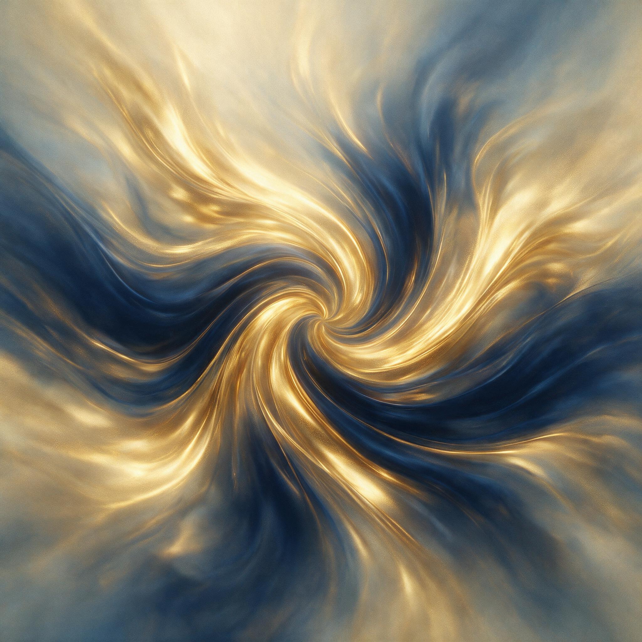 A swirling vortex of molten gold and deep indigo, fluid shapes stretching into infinity, soft diffused light from above, subtle grain texture, minimalist composition, no sharp edges or harsh lines.