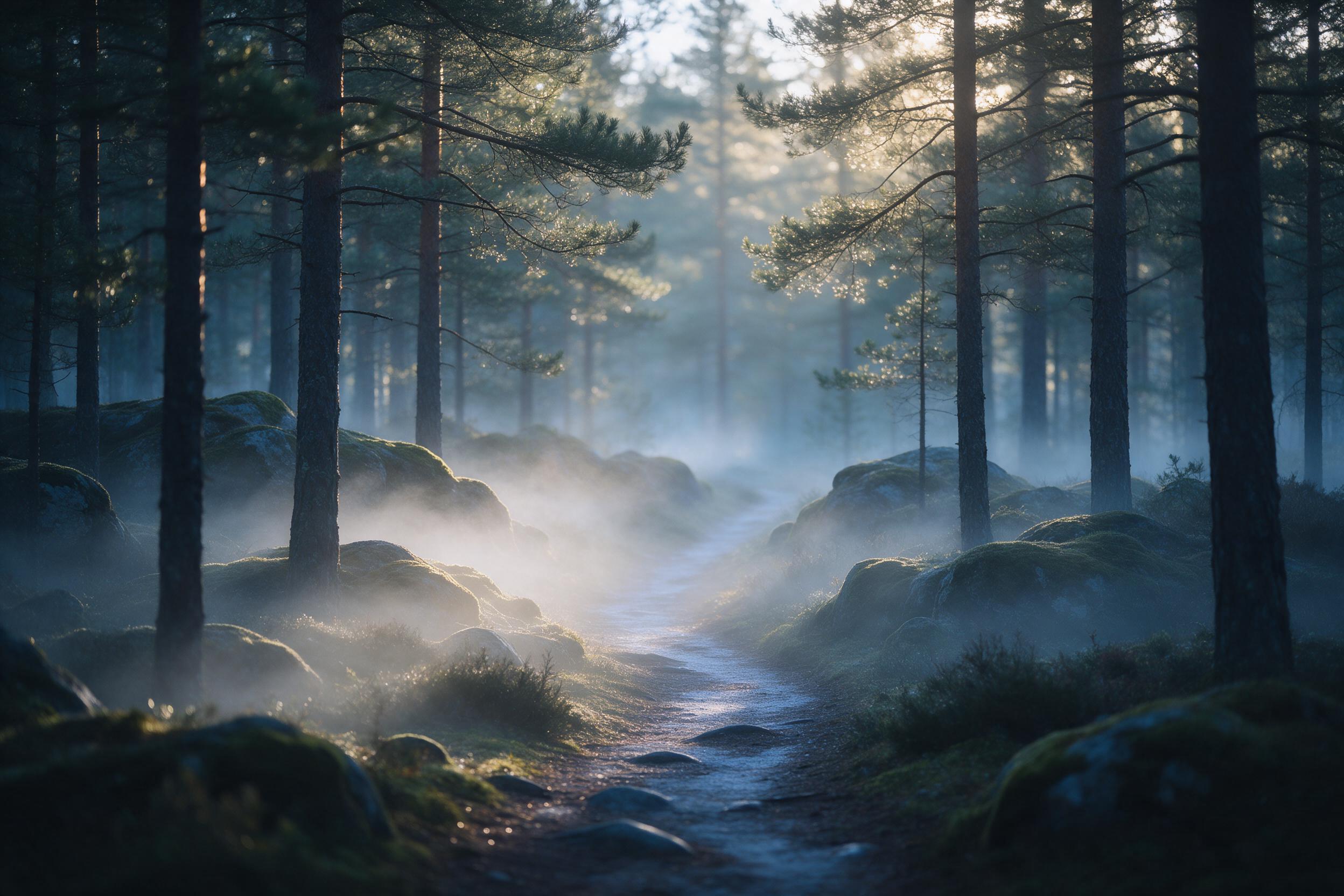 A misty morning in a dense pine forest, soft golden light piercing through canopy, low fog curling around moss-covered rocks, a narrow winding path leading into the distance, shallow depth of field with blurred background, cool blue tones contrasted with warm highlights, tranquil and serene mood.
