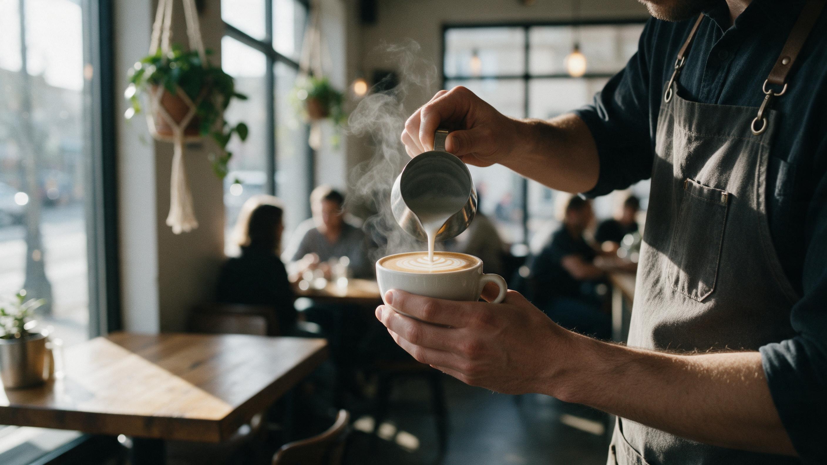 A warm, sunlit cafe interior with a barista pouring latte art, steam rising against soft window light, wooden tables, hanging plants, customers blurred in background, shallow depth of field, cozy atmosphere. Slight film grain adds a candid, documentary feel.