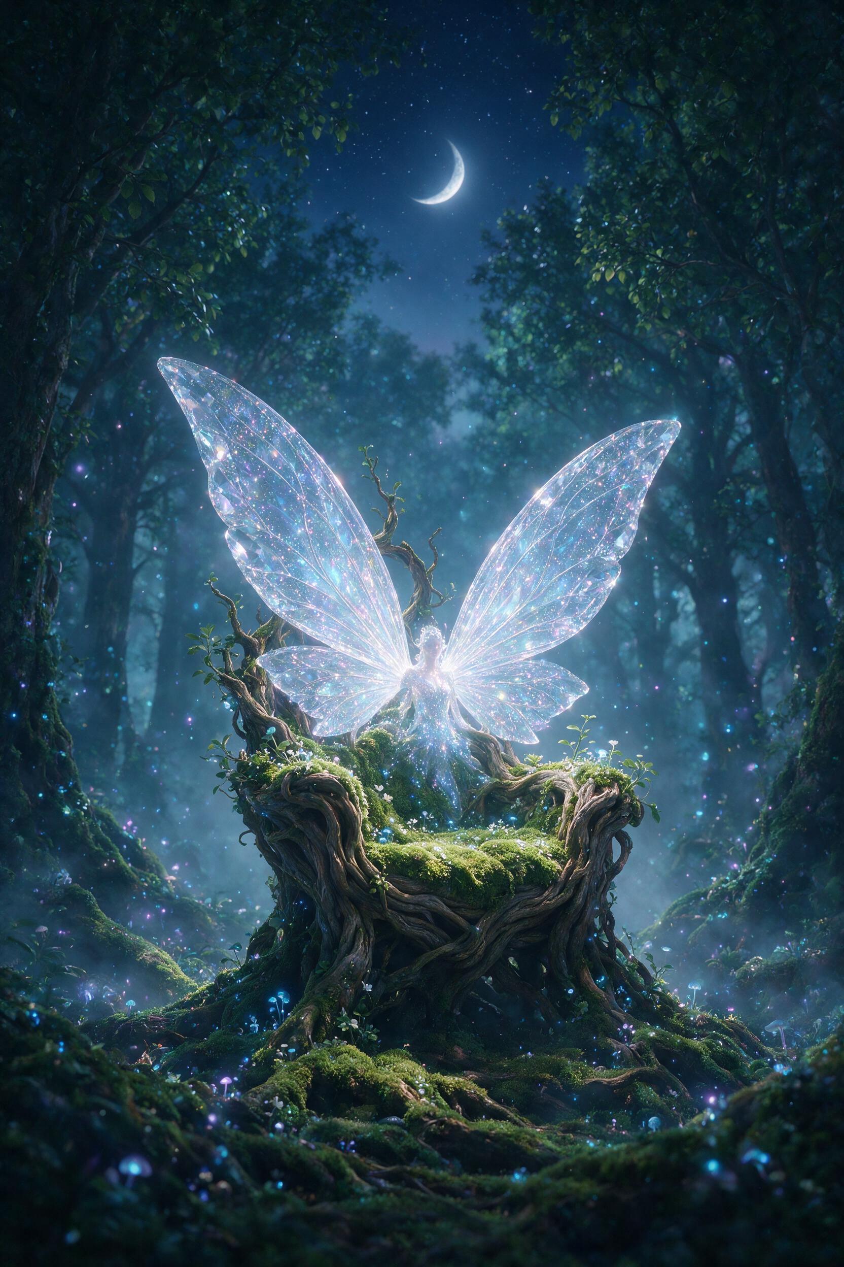 A luminous fairy queen with crystalline wings sits on a mossy throne in a glowing bioluminescent forest, soft blue and purple light particles floating around her, shallow depth of field, subtle mist, ethereal atmosphere.