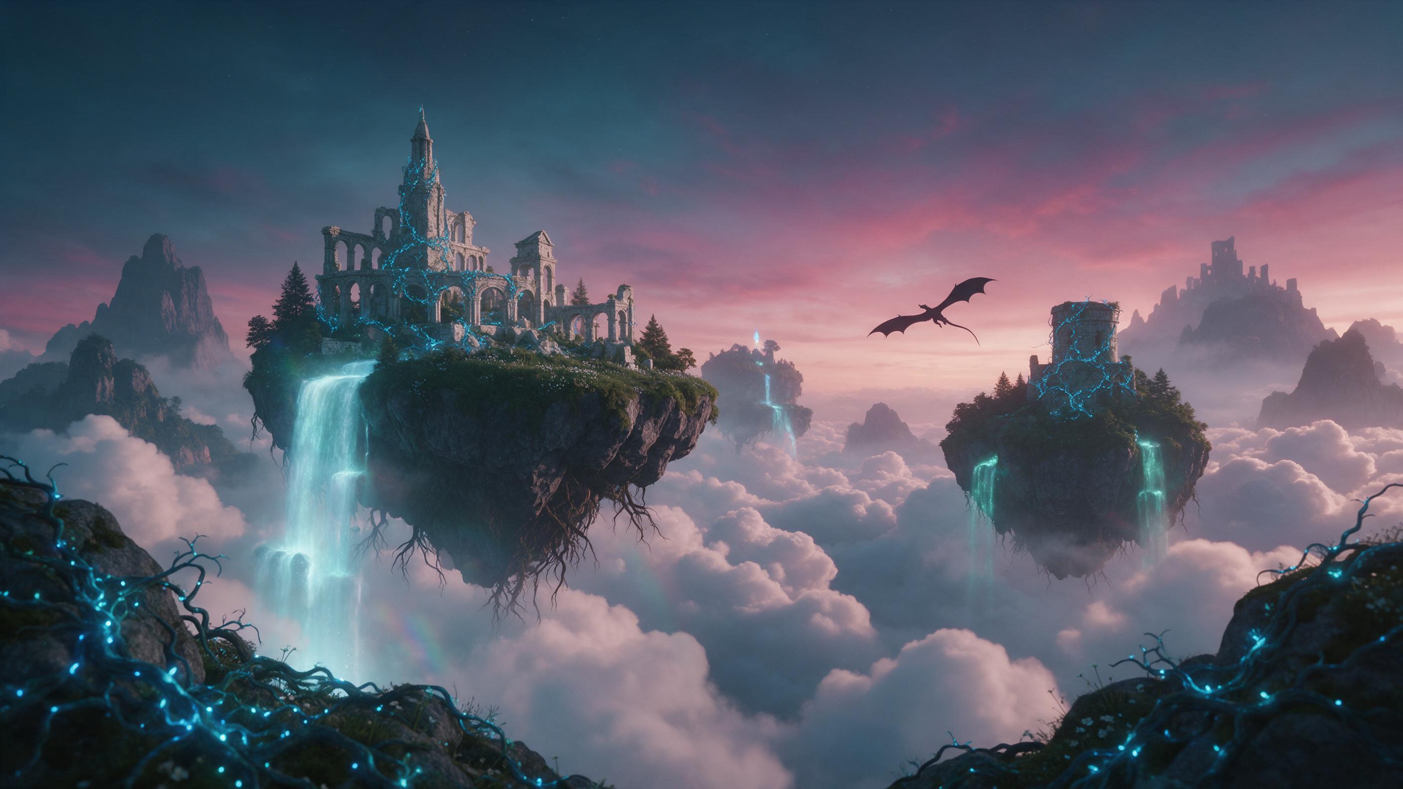 Ethereal floating islands in a twilight sky, glowing waterfalls cascading into clouds, ancient stone ruins entwined with luminescent vines, a lone dragon silhouette gliding between peaks, warm magenta and teal light, soft mist, cinematic wide shot, dreamlike atmosphere