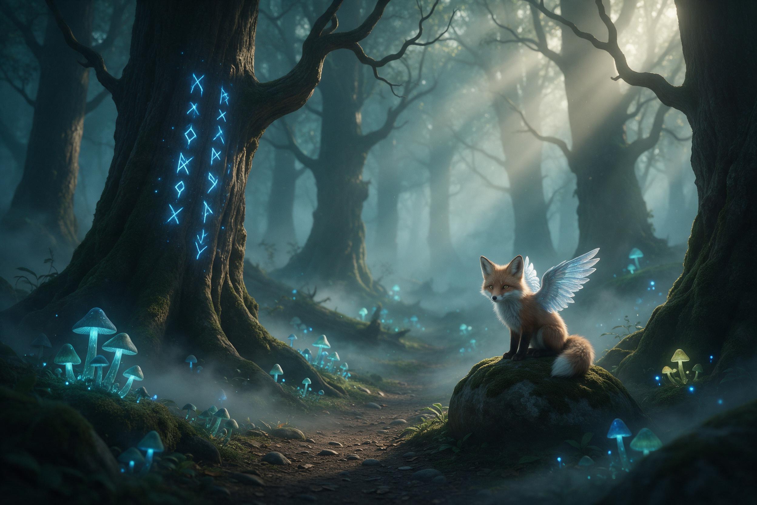 A misty enchanted forest at dawn, towering ancient trees with glowing blue runes on bark, a narrow path lined with luminous mushrooms, soft rays of sunlight piercing through the canopy, ethereal fog drifting low, a small winged fox perched on a mossy stone, muted green and teal palette, dreamlike at