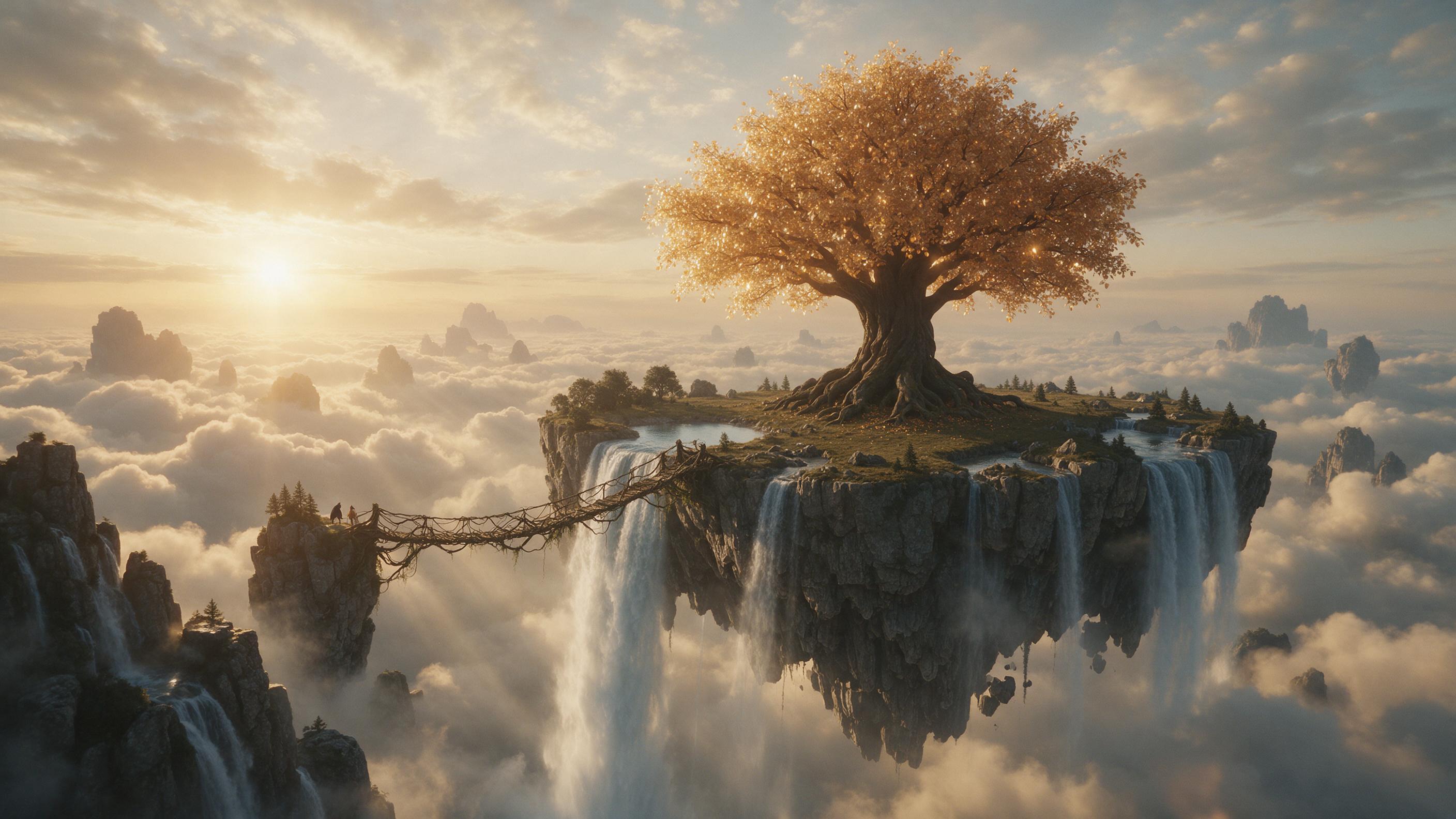 A vast floating island broken free of its moorings, crowned with a glowing, ancient tree of amber leaves. Waterfalls spill from its edges into an endless sea of clouds. Golden hour sunlight pierces the mist, casting long shadows. A tiny bridge of vines connects to a smaller rock. Composition: cinema