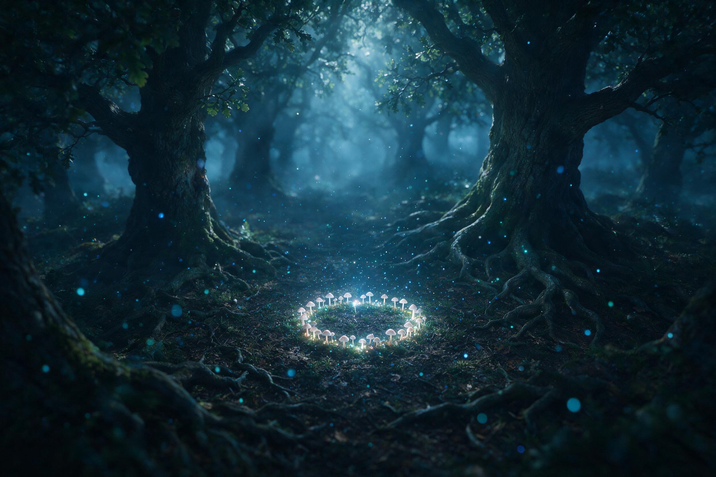 A tiny glowing mushroom ring at the center of a misty moonlit forest, luminescent blue and teal spores drifting in the air, towering ancient oak trees with twisting roots, soft volumetric light piercing through the canopy, shallow depth of field focusing on the mushrooms, cool color palette with sub