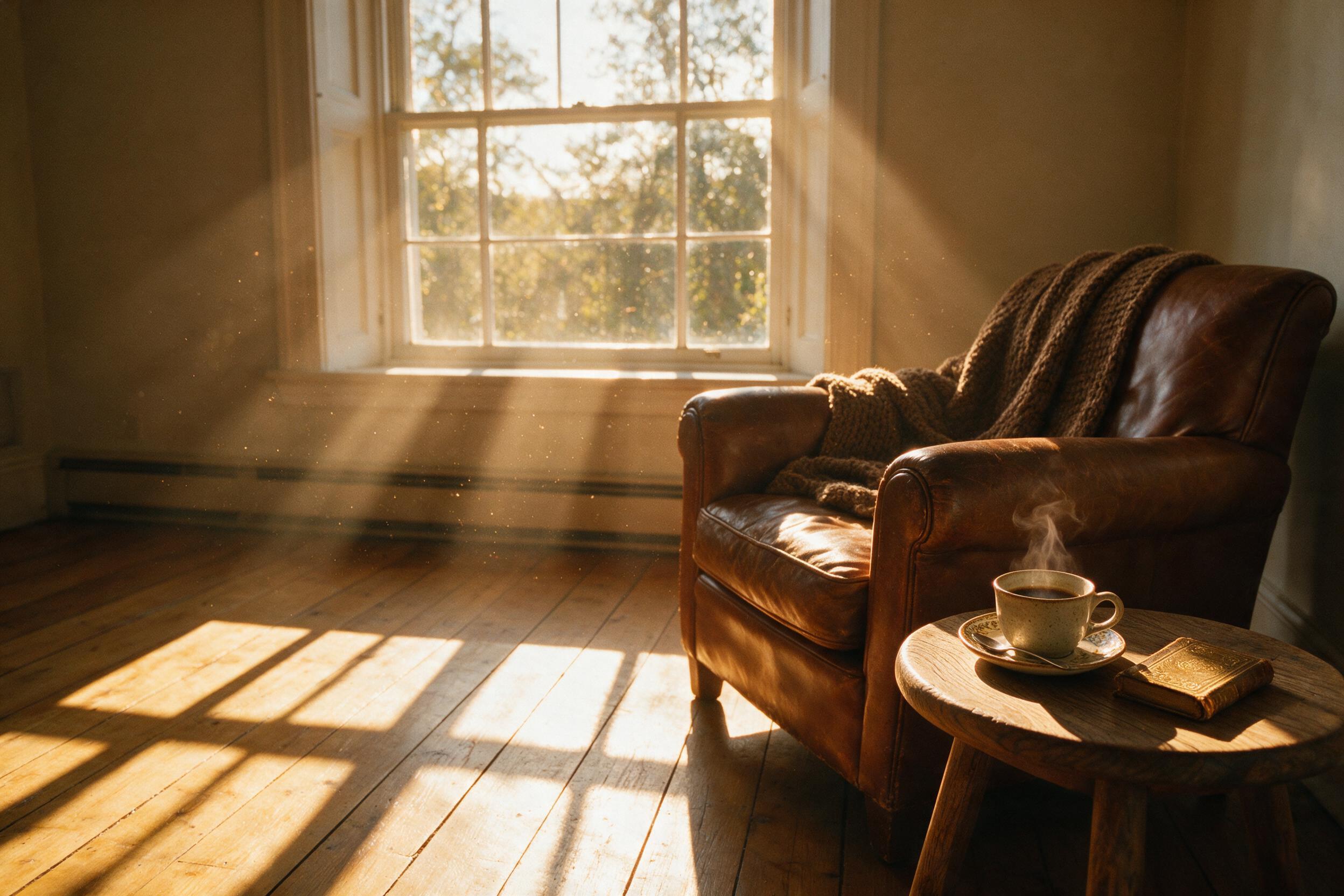 Golden hour light pours through a tall window, casting long shadows across a wooden floor. A steaming coffee cup sits on a small round table beside a worn leather armchair. Soft dust motes float in the warm light. Slight camera shake adds gentle motion blur, natural grain. Neutral beige walls.