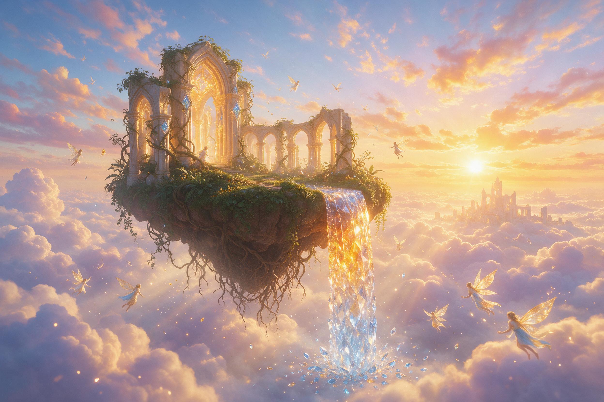 A floating island with a crystal waterfall cascading into clouds at sunset, glowing ruins and overgrown vines, golden light rays piercing through, tiny winged figures flying around, dreamy atmosphere with soft focus and subtle mist